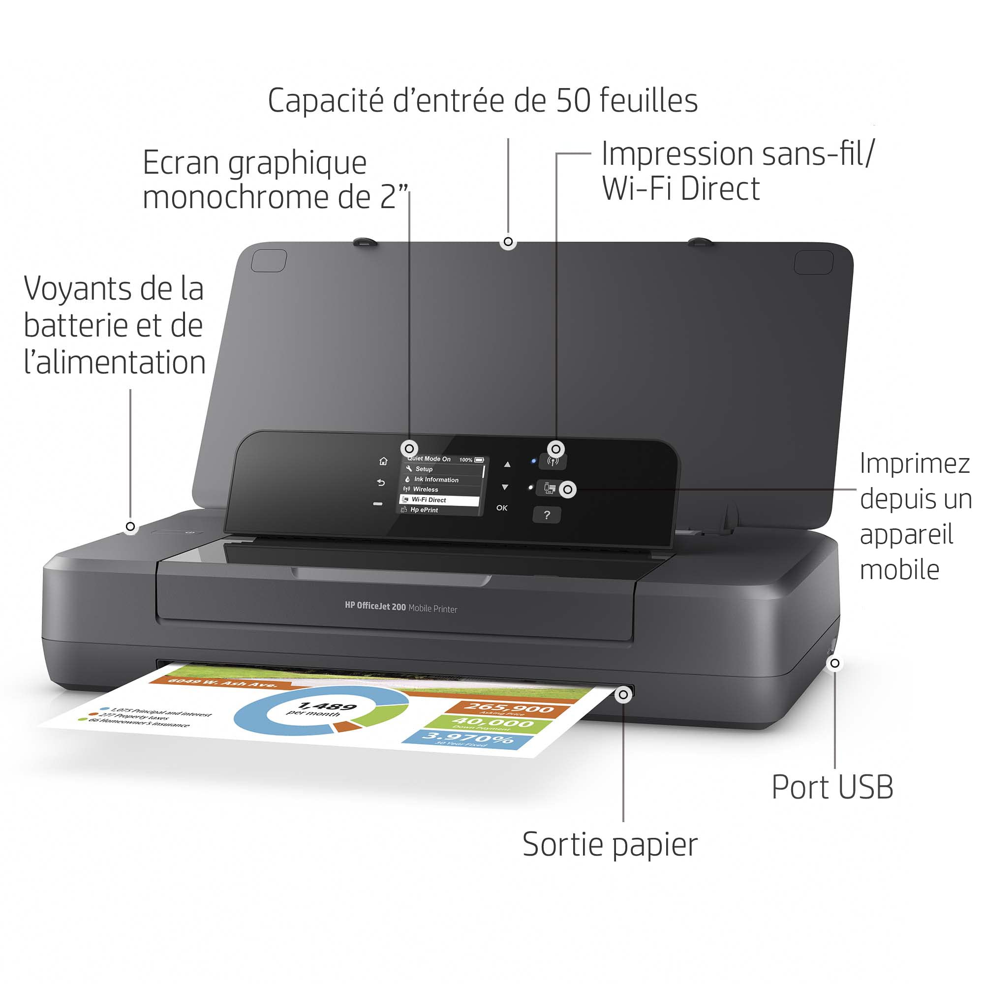 HP Officejet 200 Mobile Printer Printer colour inkjet A4 1200x1200dpi 20ppm mono 19ppm colour 50sheets USB Wi-Fi