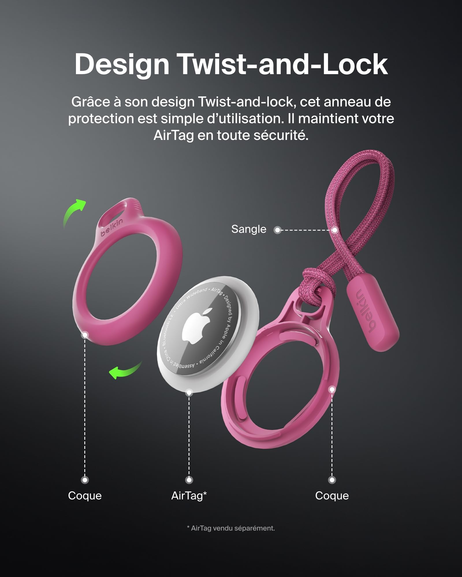 BELKIN Airtag Protection avec Cordon Rose