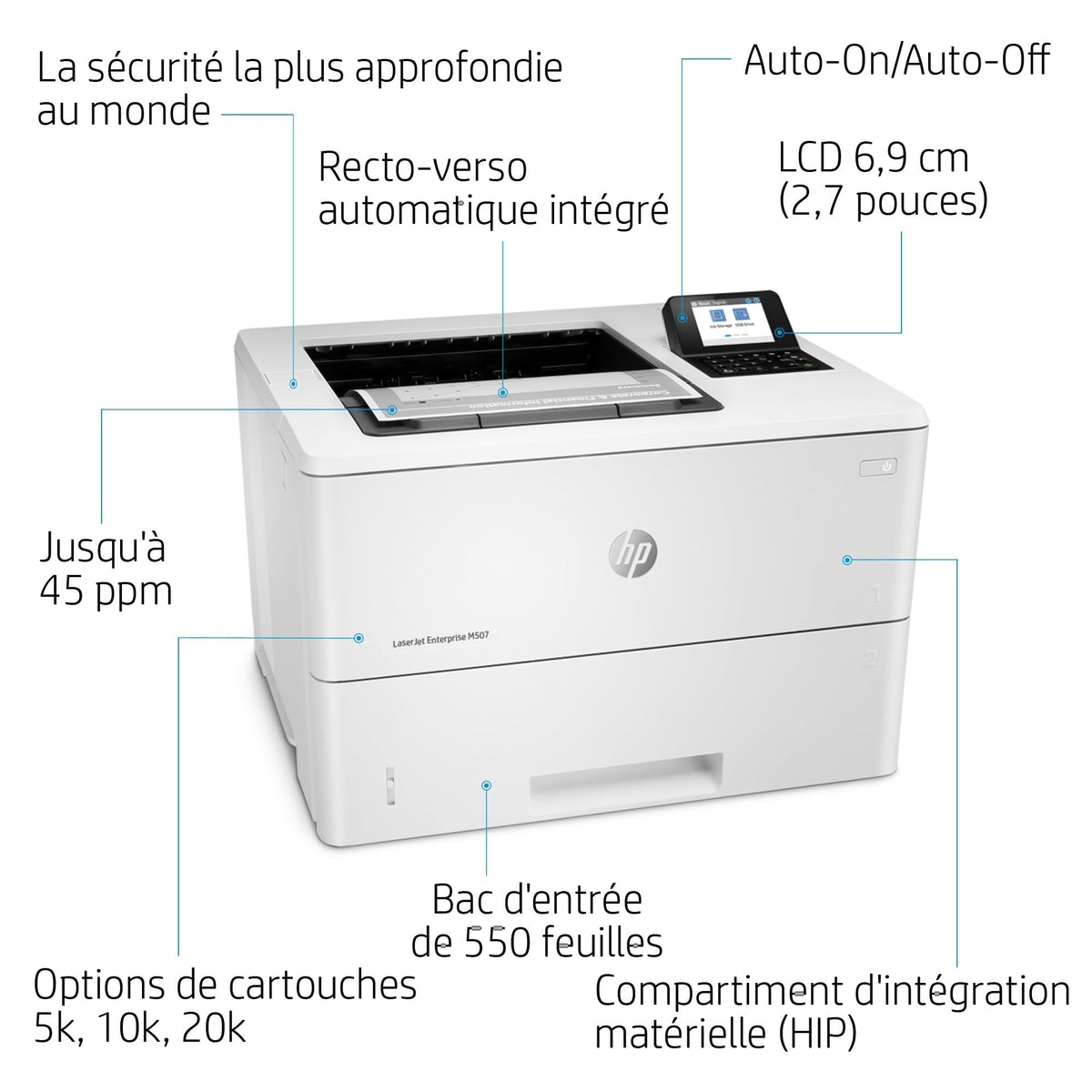 HP LaserJet Enterprise M507dn Printer Mono Duplex laser A4 1200x1200dpi 50ppm 650sheets USB LAN