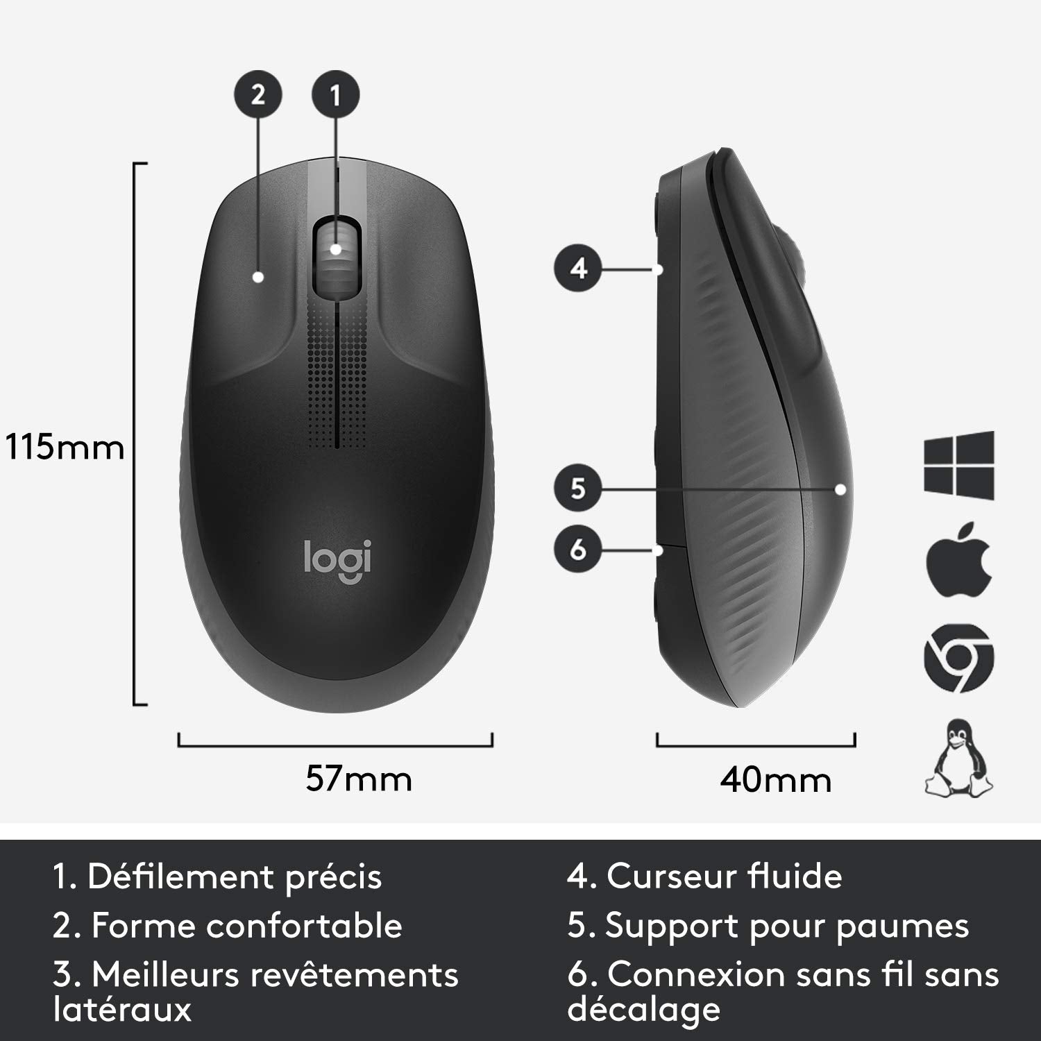 LOGITECH M190 Mouse optical 3 buttons wireless USB wireless receiver charcoal