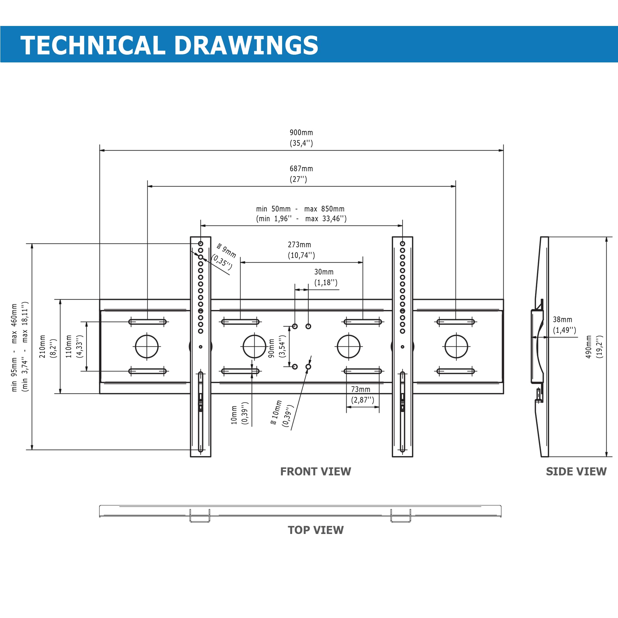 "Support mural fixe Edbak TWB1 50""-86"". Capacité de charge 80 kg 800x400 VESA"