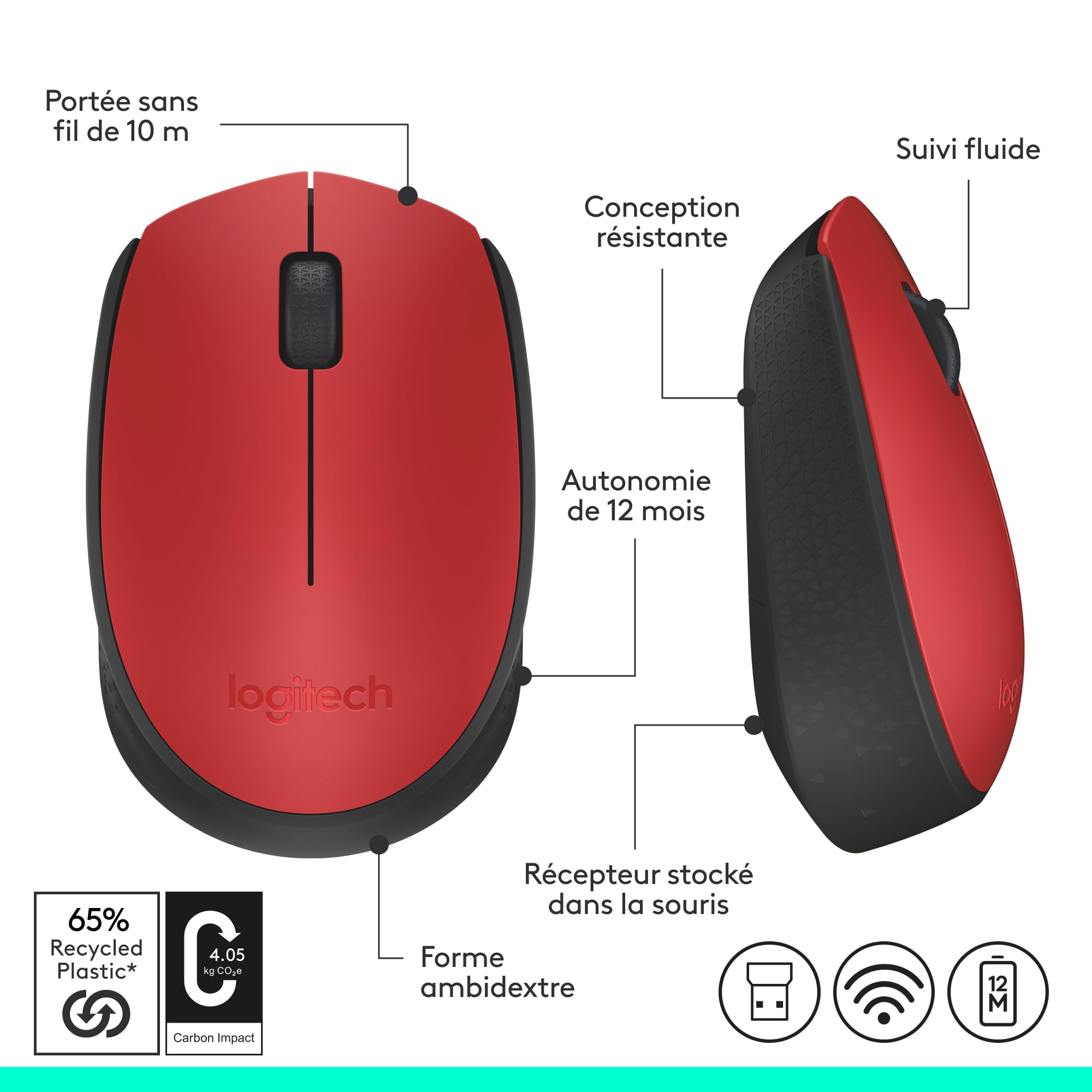 LOGITECH M171 Mouse wireless 2.4 GHz USB wireless receiver black red