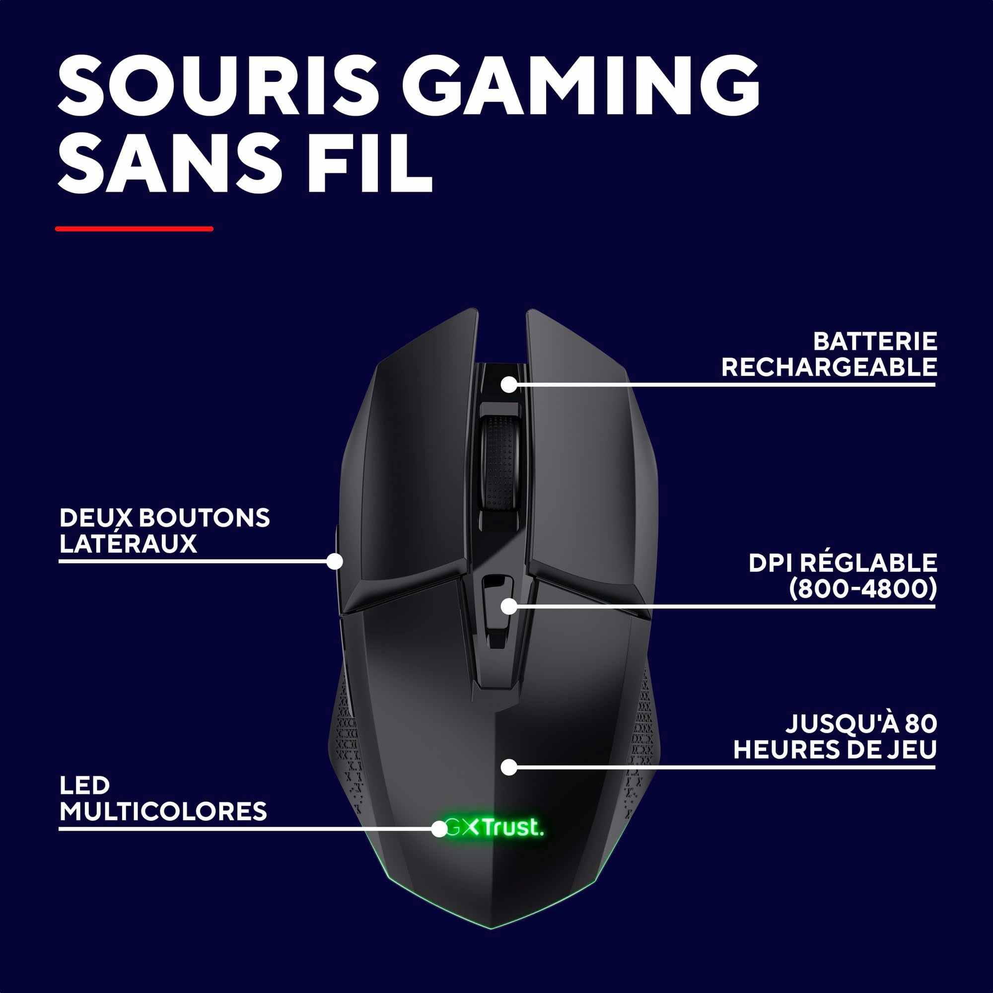 TRUST Souris gaming sans fil FELOX rétroéclairée - Noire