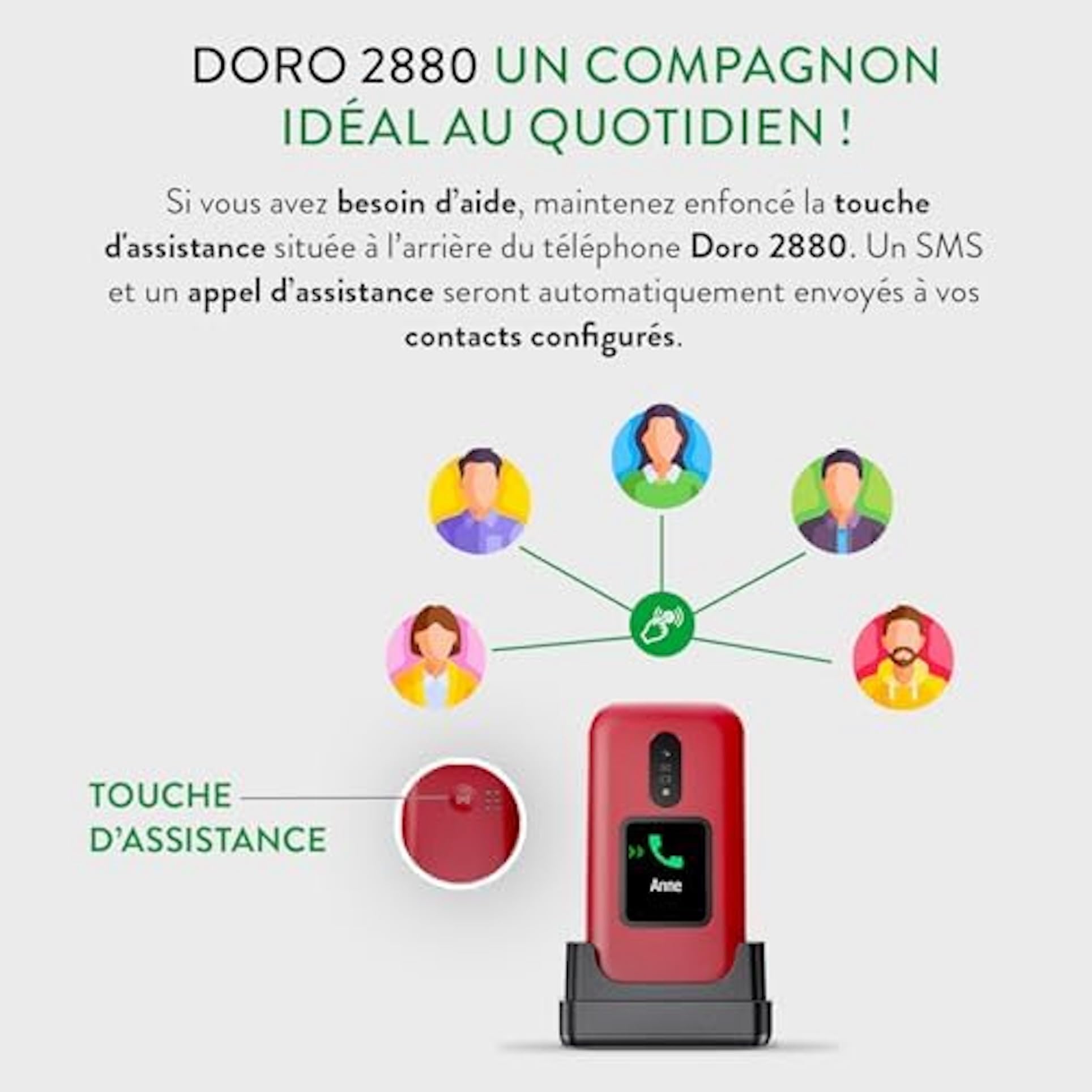 Doro 2880 4G (Clapet avec Socle de Charge, Double écran) Rouge / Blanc