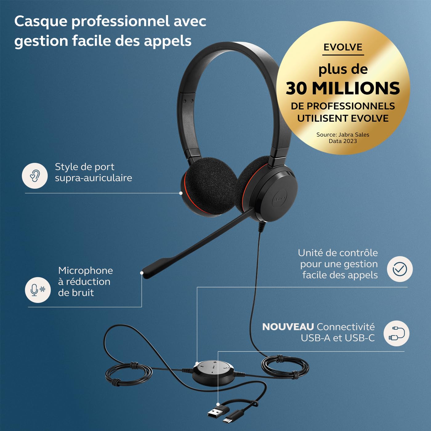 Jabra Evolve 20 Stereo UC USB C/A adapte