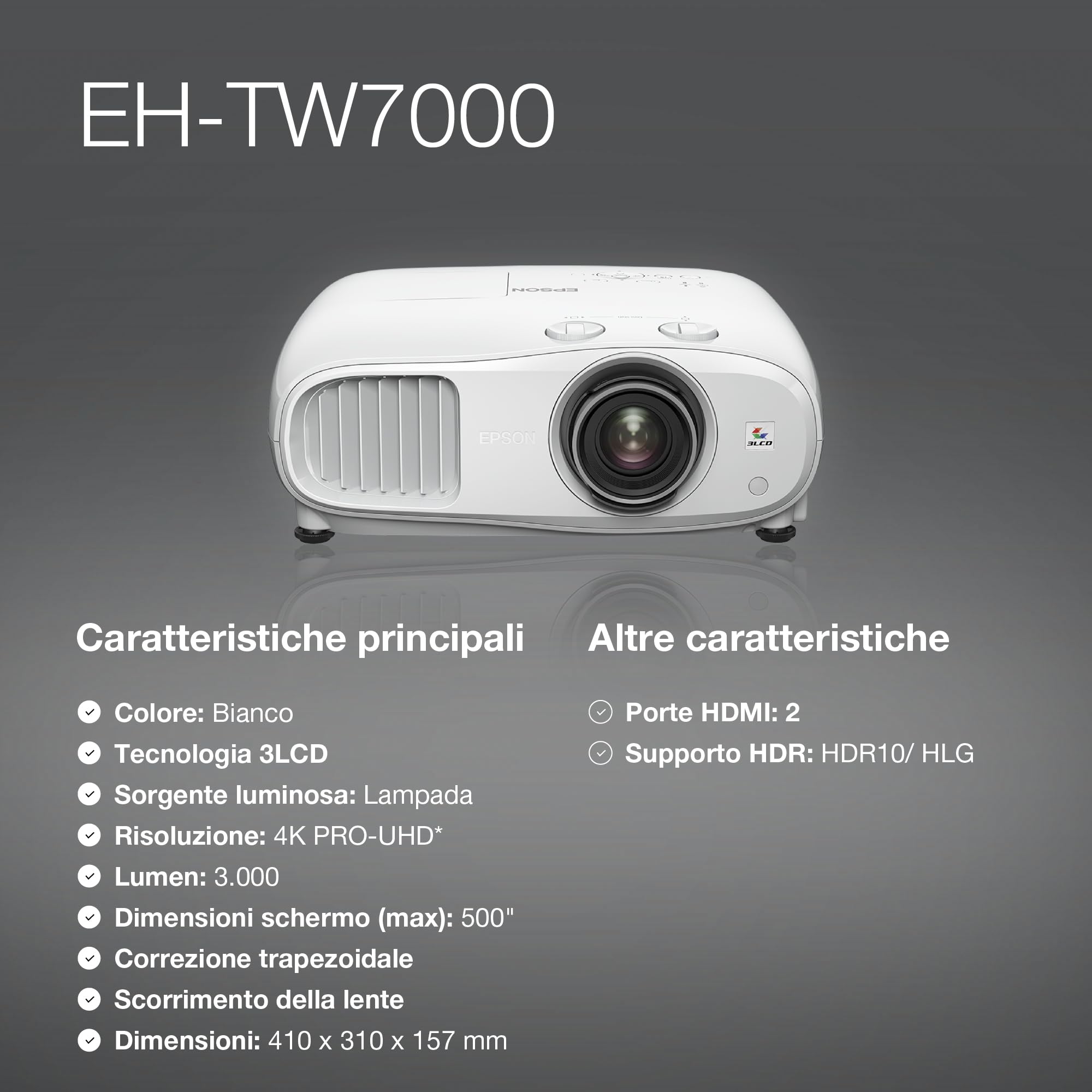 EPSON EH-TW7000 Projecteur 4K PRO-UHD Home Cinema - 16 :9-  3000 lumens - 40 000 :1- 2x HDMI- Bluetooth - Garantie 2 ans