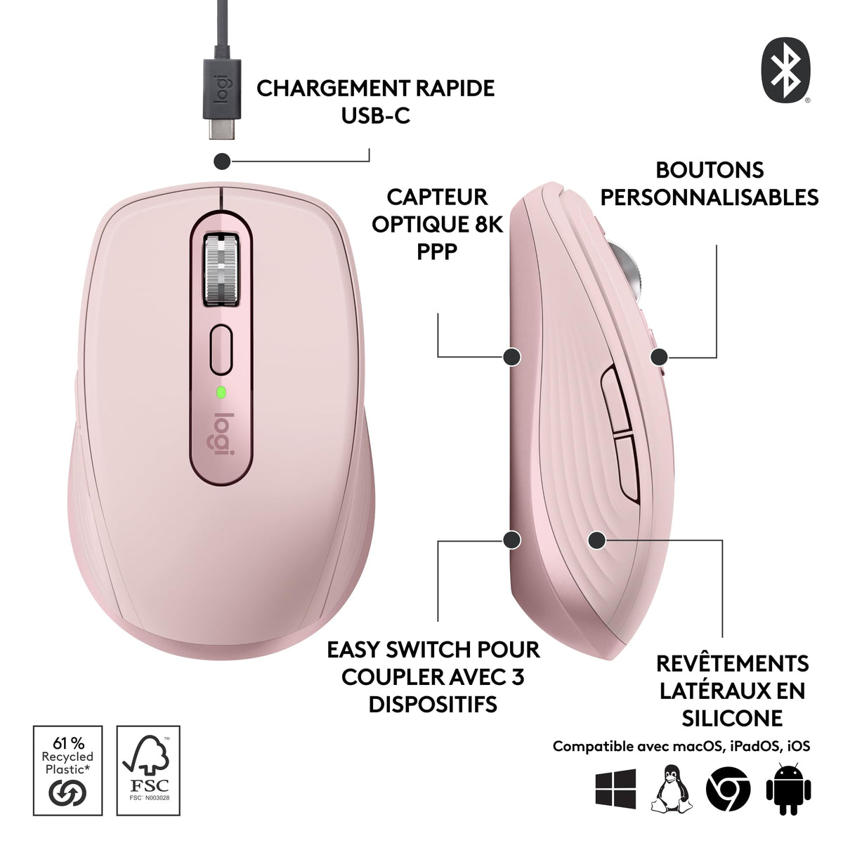 LOGITECH MX Anywhere 3S Mouse optical 6 buttons wireless Bluetooth rose
