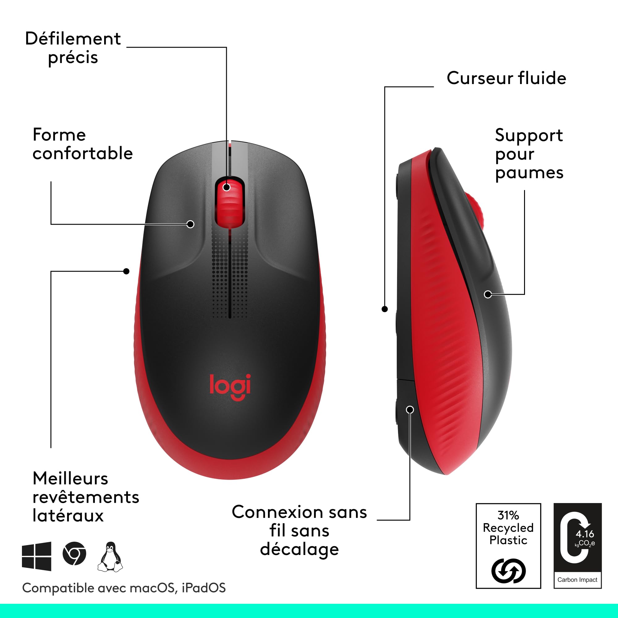 LOGITECH M190 Mouse optical 3 buttons wireless USB wireless receiver red