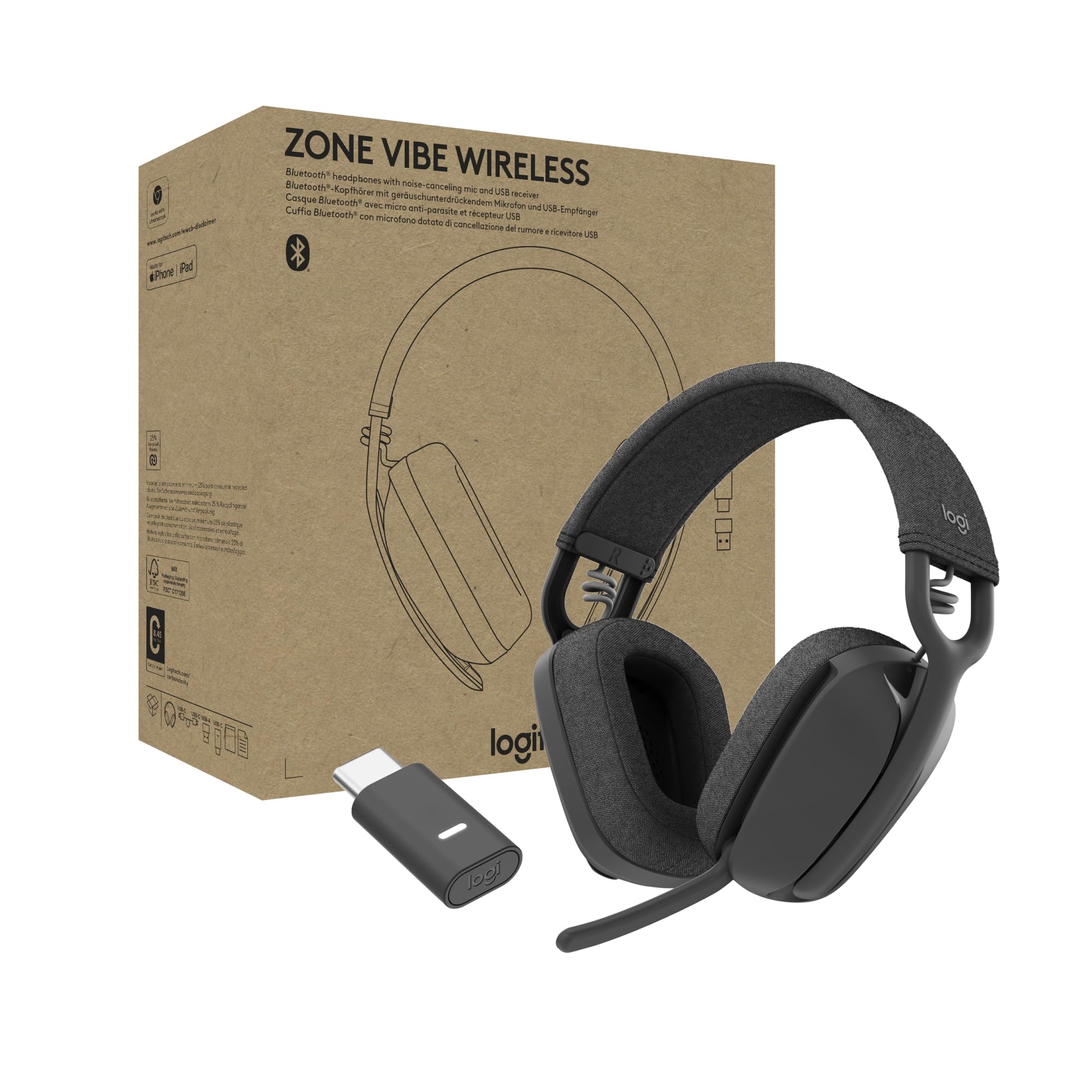 LOGITECH Zone Vibe Wireless Headset full size Bluetooth wireless USB-C via Bluetooth adapter graphite Certified for Microsoft Teams