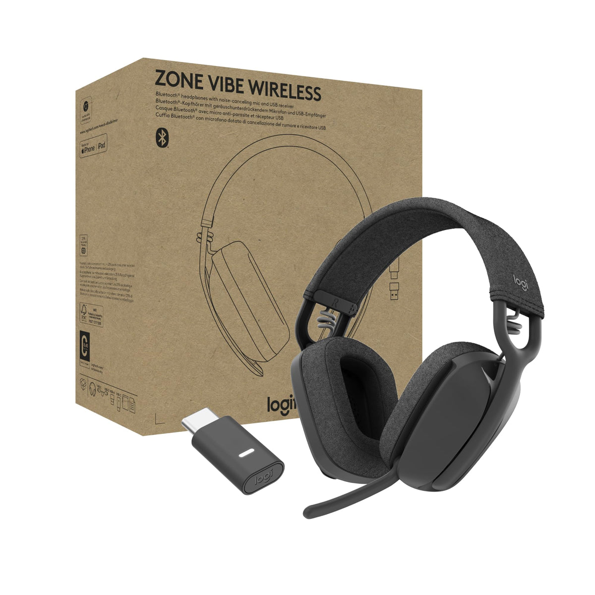 LOGITECH Zone Vibe Wireless Headset full size Bluetooth wireless USB-C via Bluetooth adapter graphite Certified for Microsoft Teams