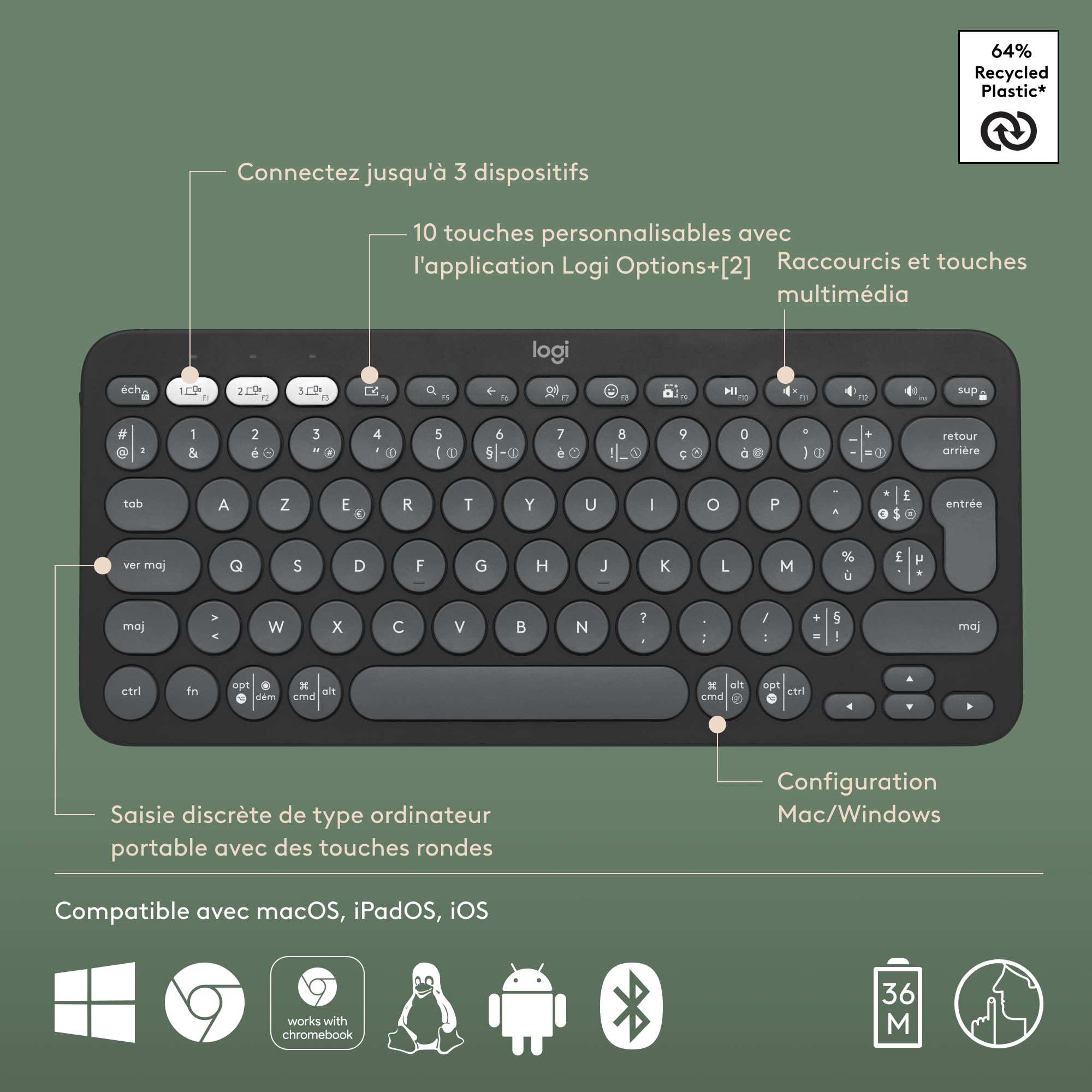 LOGITECH Pebble Keys 2 K380s - TONAL GRAPHITE - (FRA) - BT - N/A - CENTRAL-419 - UNIVERSAL