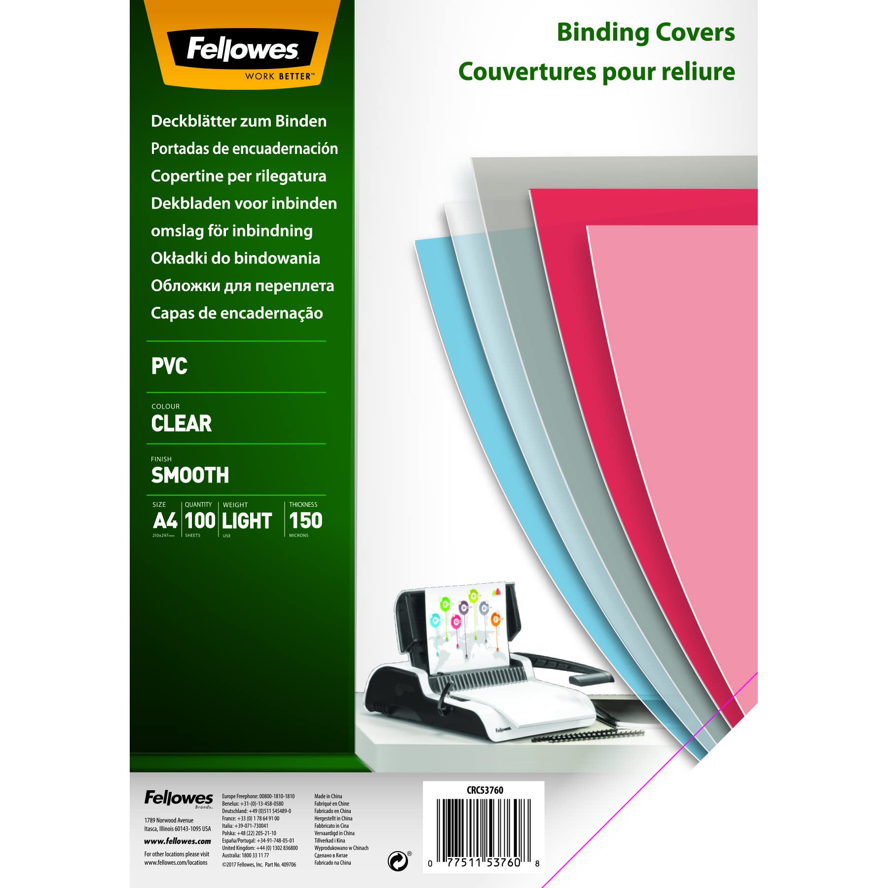 FELLOWES COUV A4 TRANSPARENT 150 MIC Pack de 100