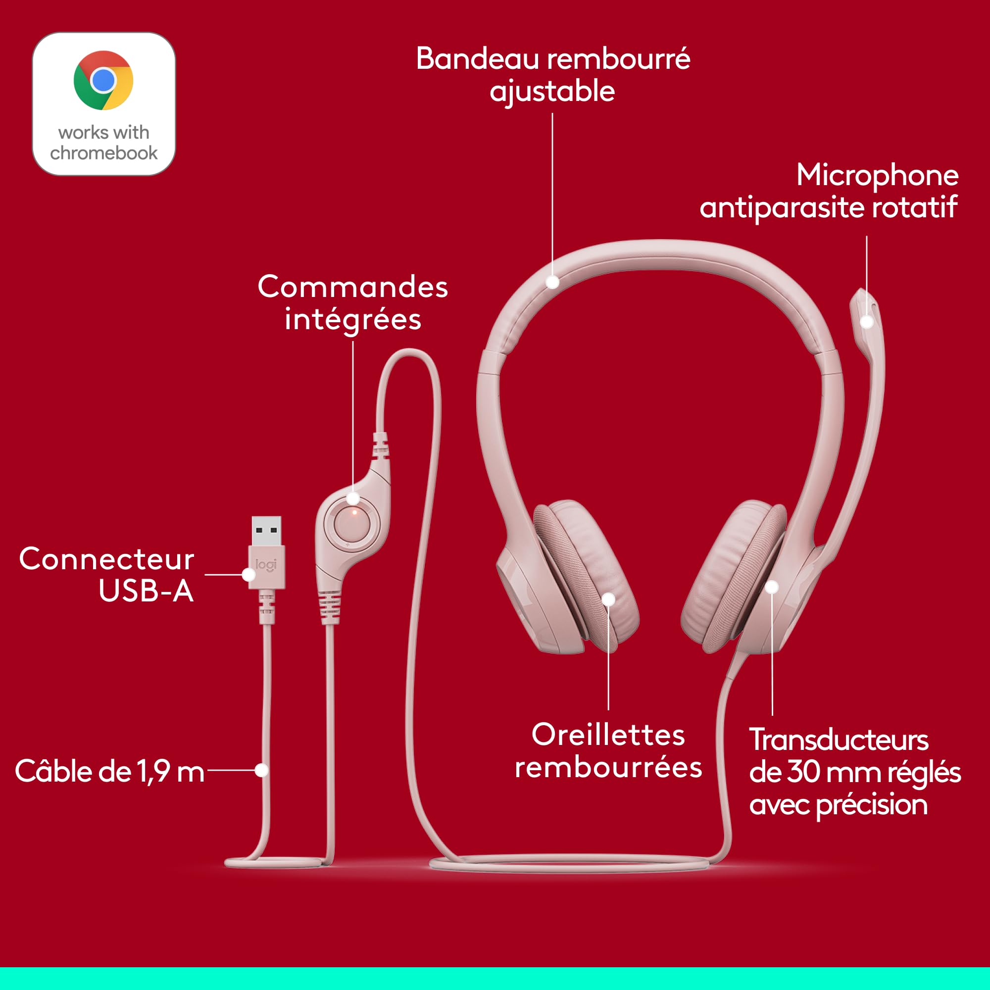 LOGITECH H390 Headset on-ear wired USB-A rose