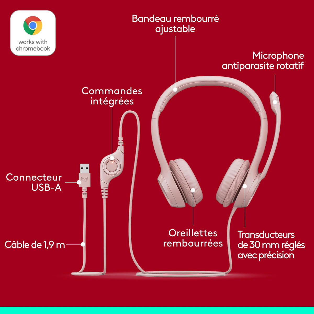 LOGITECH H390 Headset on-ear wired USB-A rose