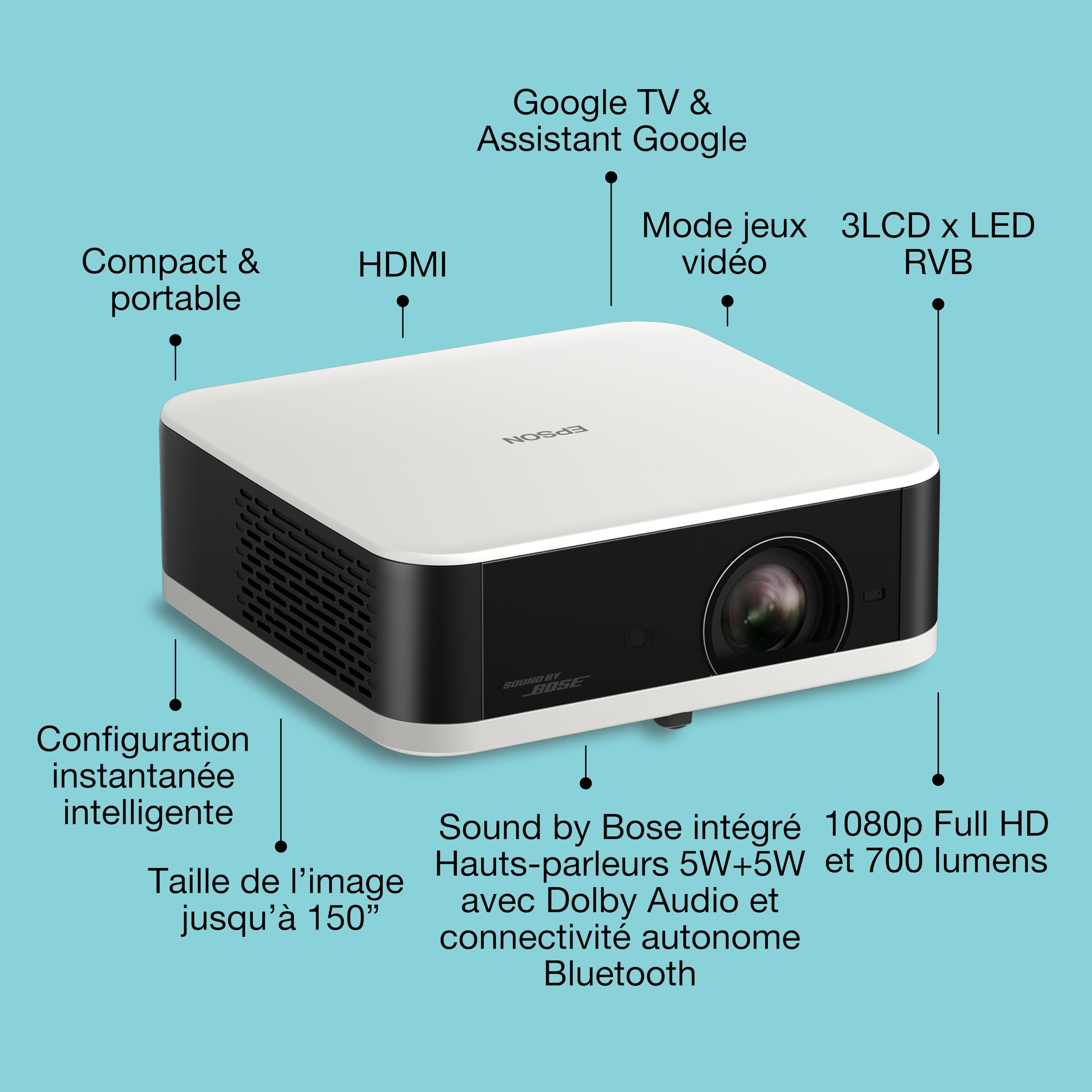 EPSON Lifestudio Pop EF-61W - Projecteur 3LCD - portable - 700 lumens -  Full HD 16:9 wireless  Bluetooth - Blanc diamant