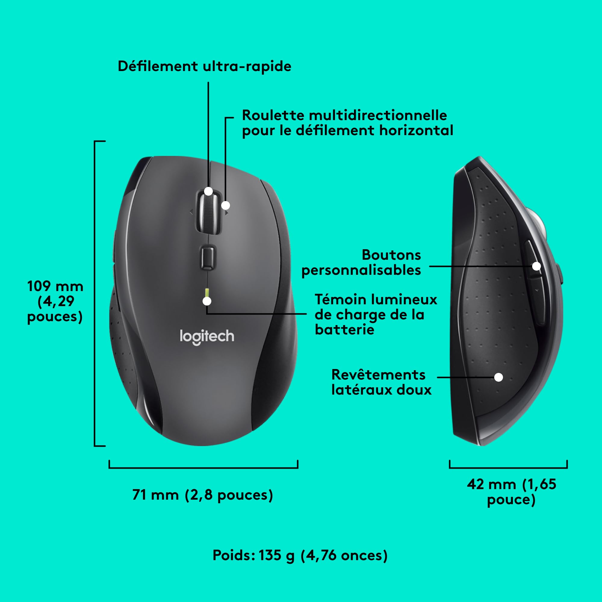LOGITECH M705 Mouse right-handed laser wireless 2.4 GHz USB wireless receiver grey