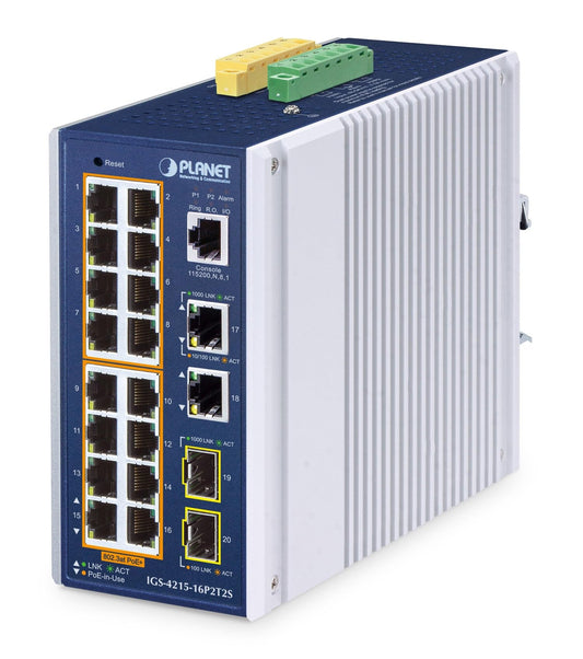 PLANET IP30 Industrial L2/L4 16-Port Géré L2/L4 Gigabit Ethernet (10/100/1000) Connexion Ethernet, supportant l'alimentation via ce port (PoE) Aluminium, Bleu