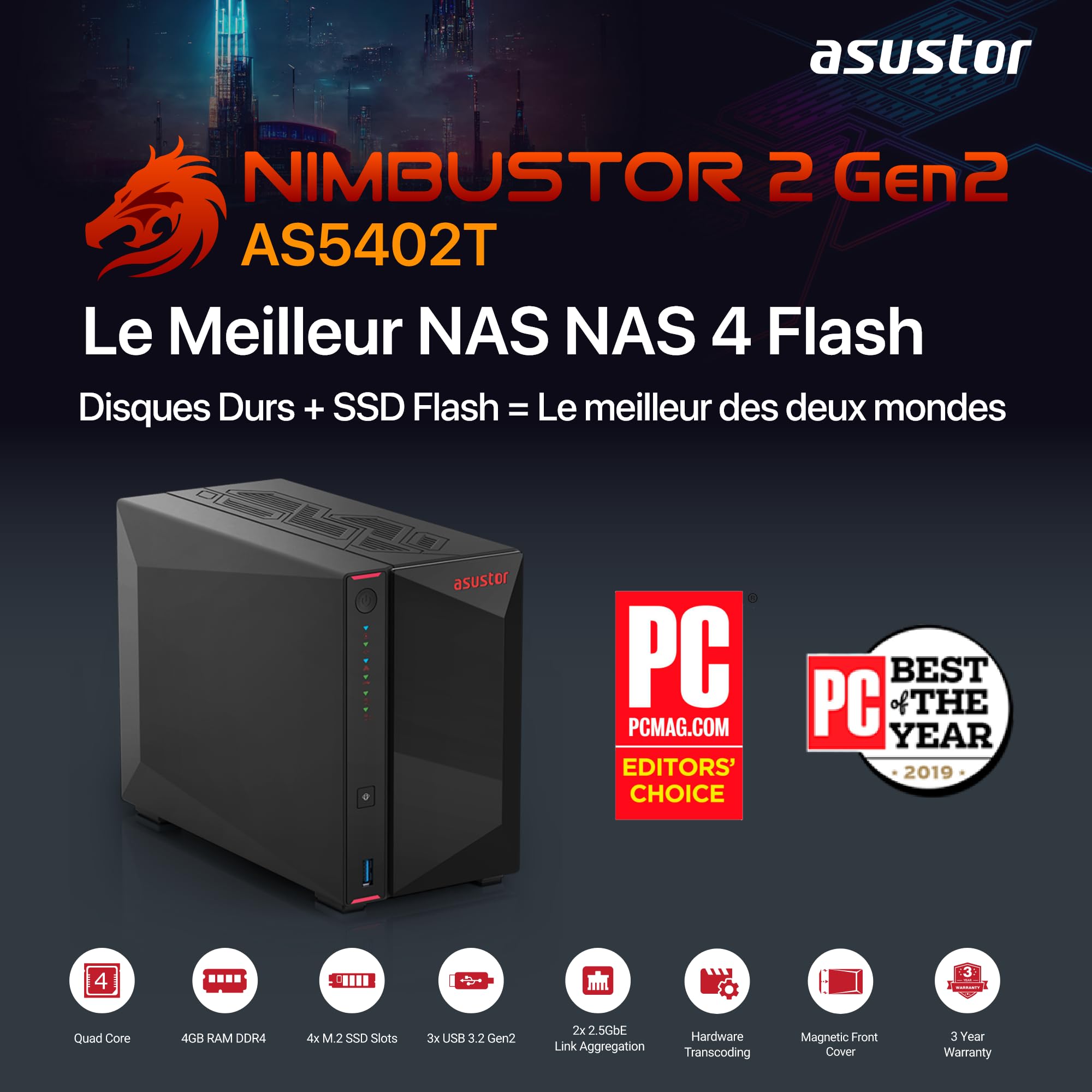 ASUSTOR NIMBUSTOR - AS5402T - NAS 2 baies - Intel Celeron N5105 Quad-Core - 4Go DDR4 - 2.5GbE x2 - NVMe - Tour - Garantie 3 ans