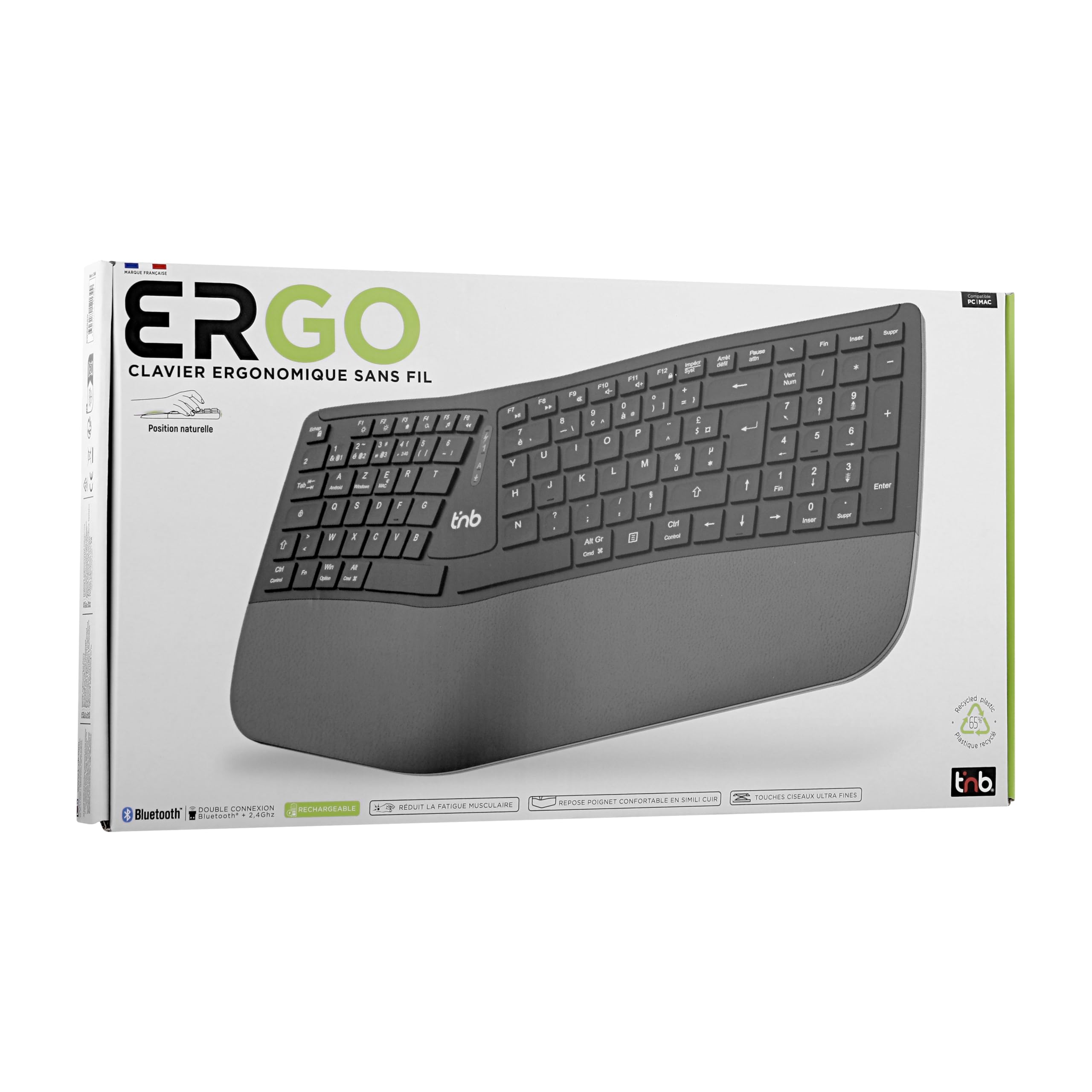 TNB ERGO - Clavier ergonomique sans fil rechargeable Bluetooth + 2.4GHz (FR)