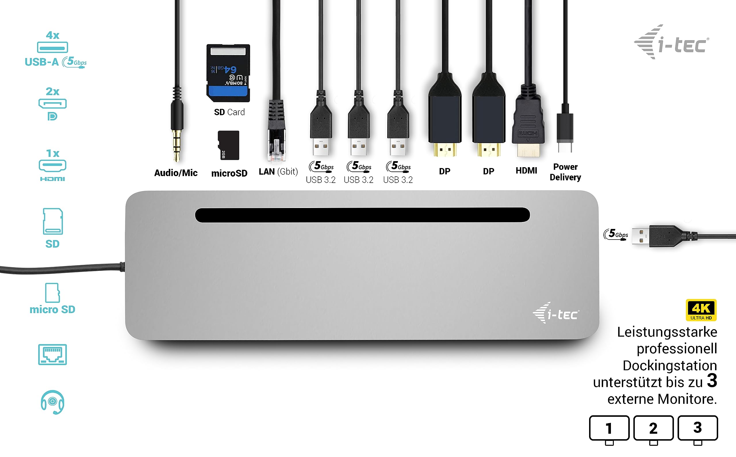 I-TEC USB-C Metal Ergonomic 4K 3x Display Docking Station with PD 100 W