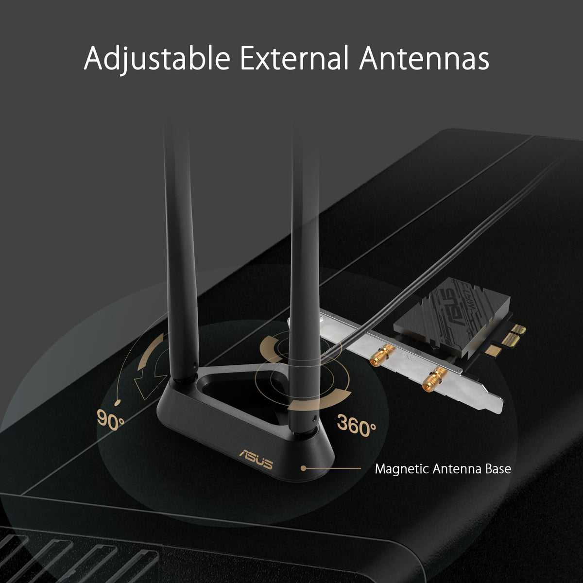 ASUS PCE-BE92BT WiFi 7 PCI-E Adapter with 2 external antennas and magnetized base