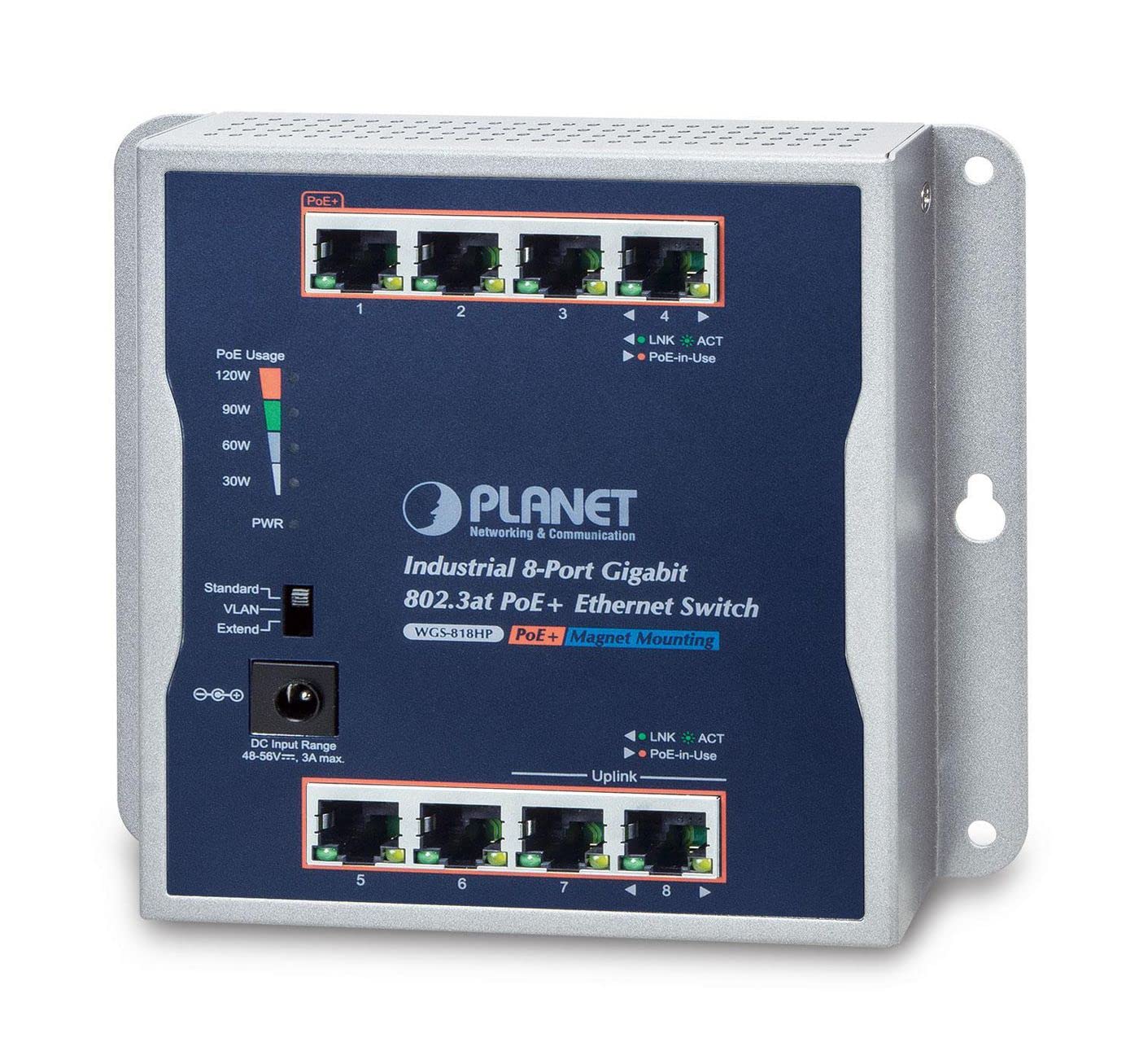 PLANET WGS-818HP Switch indust. mural 8 Gigabit PoE+ -20/60° avec alim