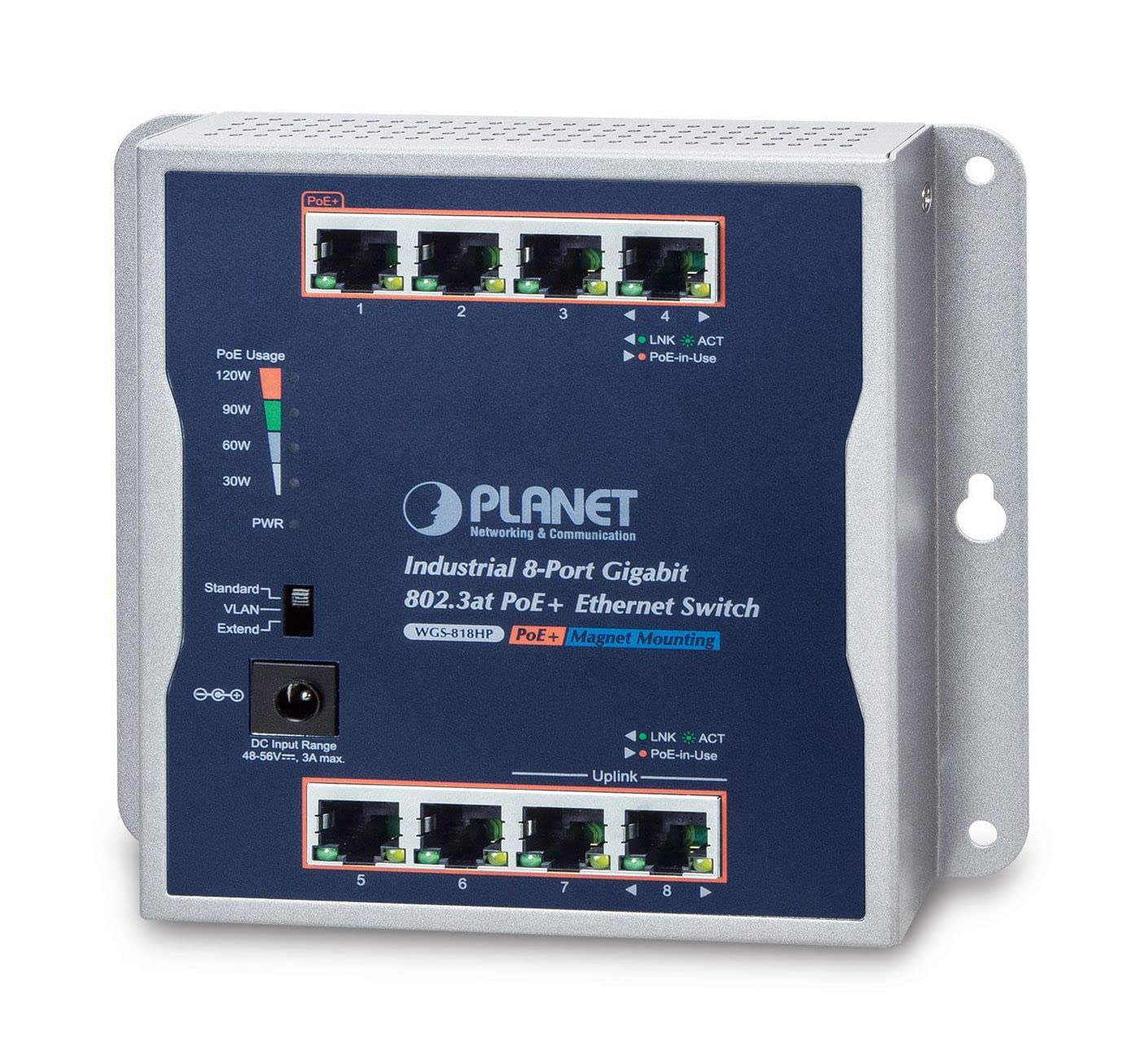 PLANET IP30 Industrial 8-Port Non-géré Gigabit Ethernet (10/100/1000) Connexion Ethernet, supportant l'alimentation via ce port (PoE) Gris