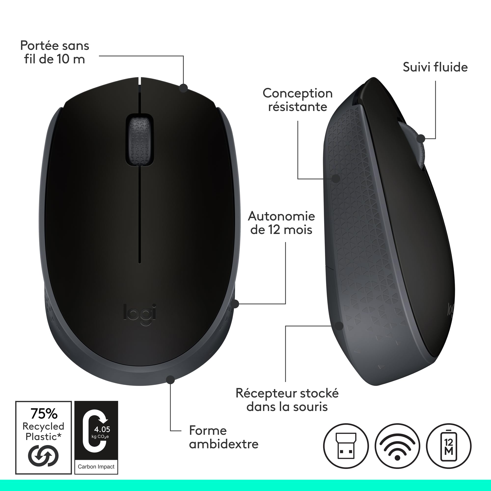 LOGITECH B170 Mouse optical 3 buttons wireless 2.4 GHz USB wireless receiver black