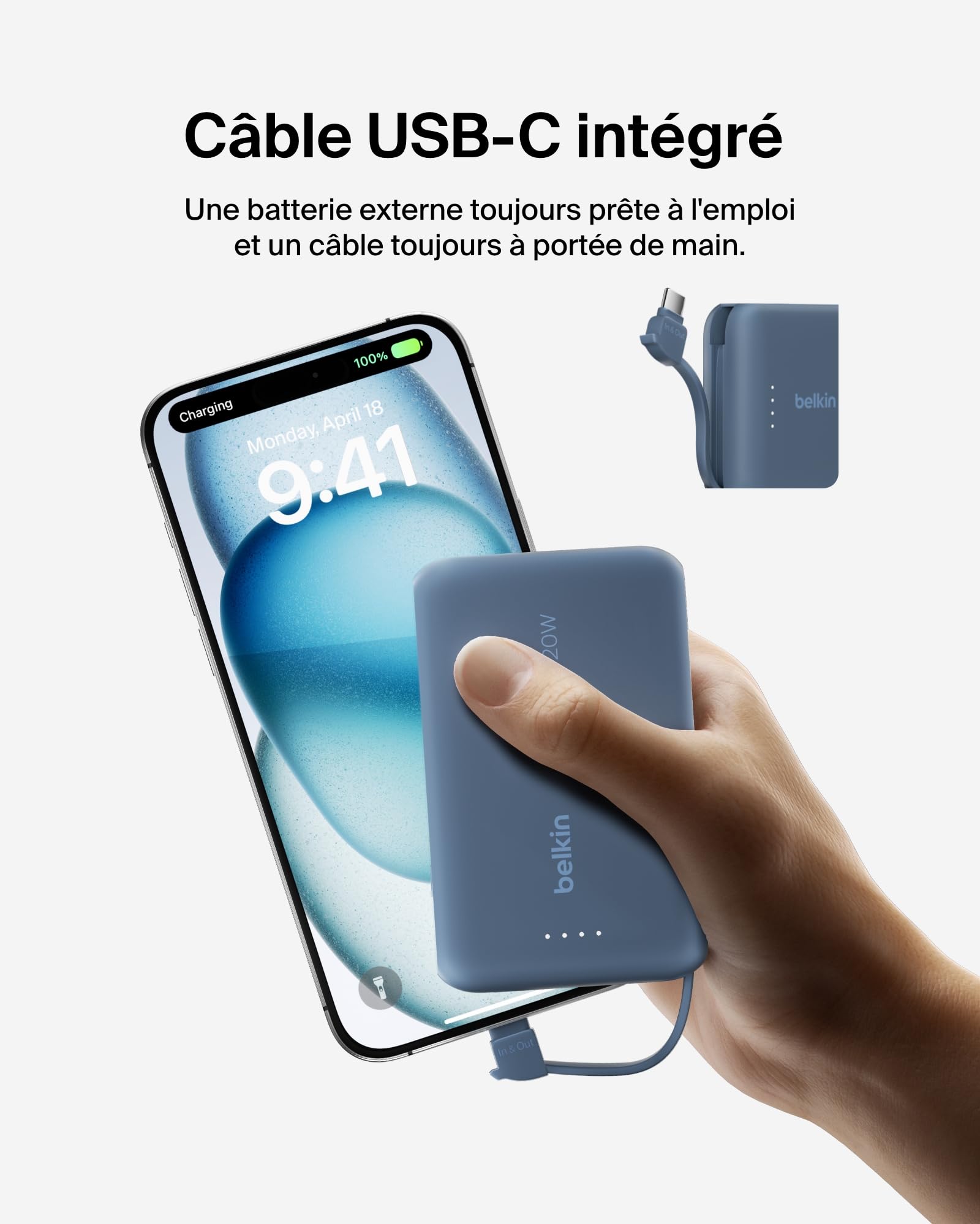 BELKIN 10k PD20w Integrated USB-C Cable Power Bank Blue