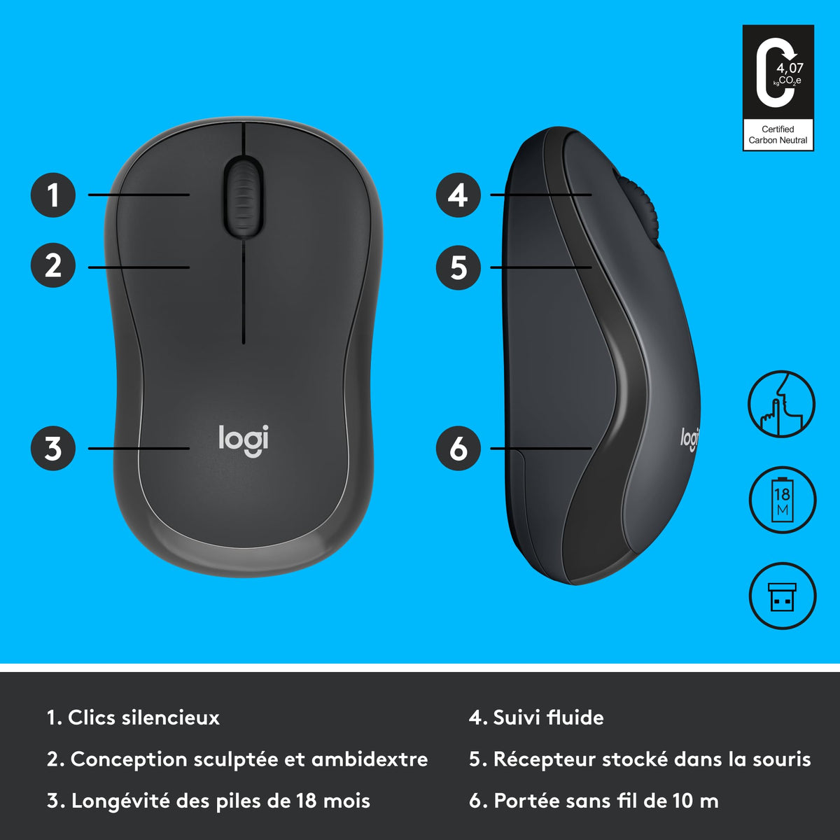 LOGITECH M220 Silent Mouse optical 3 buttons wireless 2.4 GHz USB wireless receiver charcoal