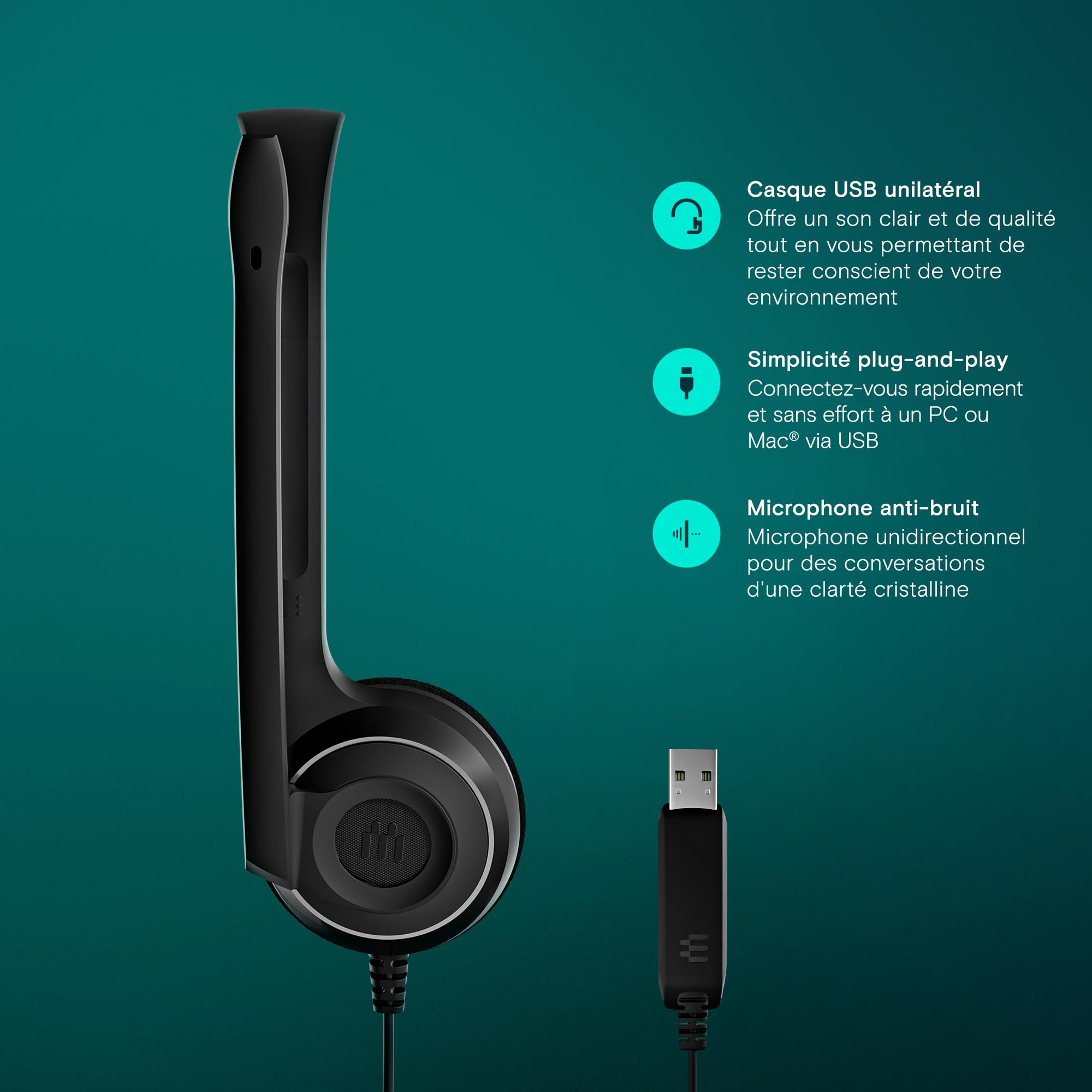 EPOS Micro-casque monaural PC USB Microphone à réduction de bruit