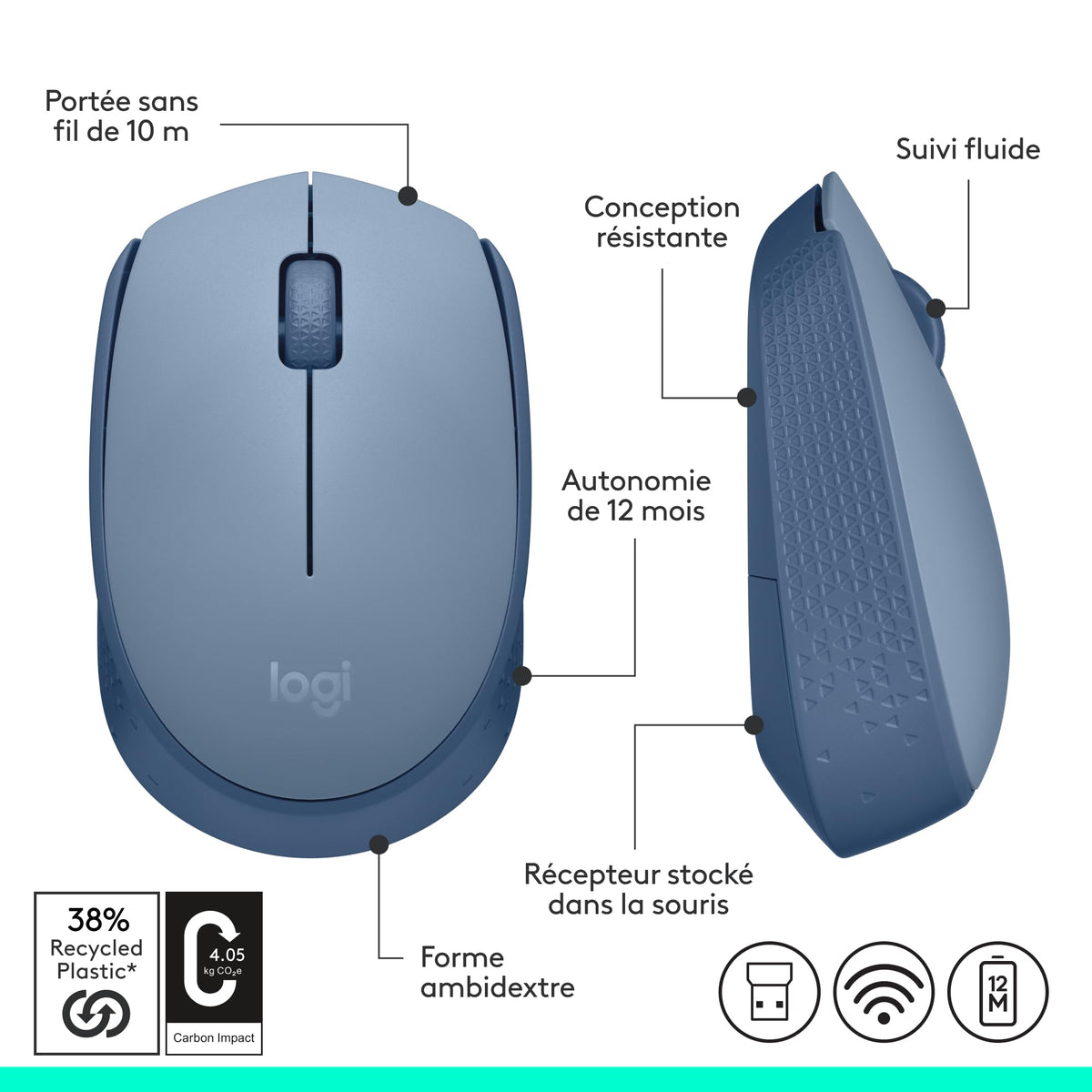 LOGITECH M171 Mouse right and left-handed optical 3 buttons wireless 2.4 GHz USB wireless receiver blue/grey