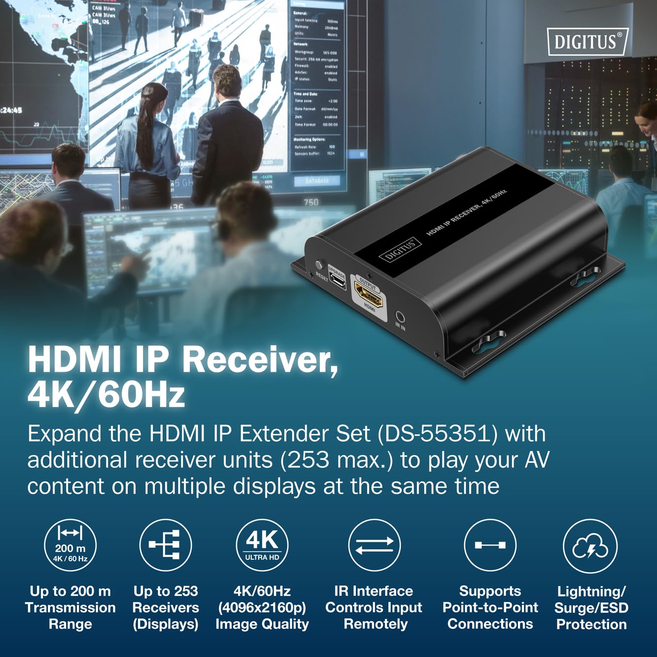 Extenseur HDMI Cat.6 sur IP 1G jusqu'a 120m/200m - récepteur supplémentaire pour DS-55352