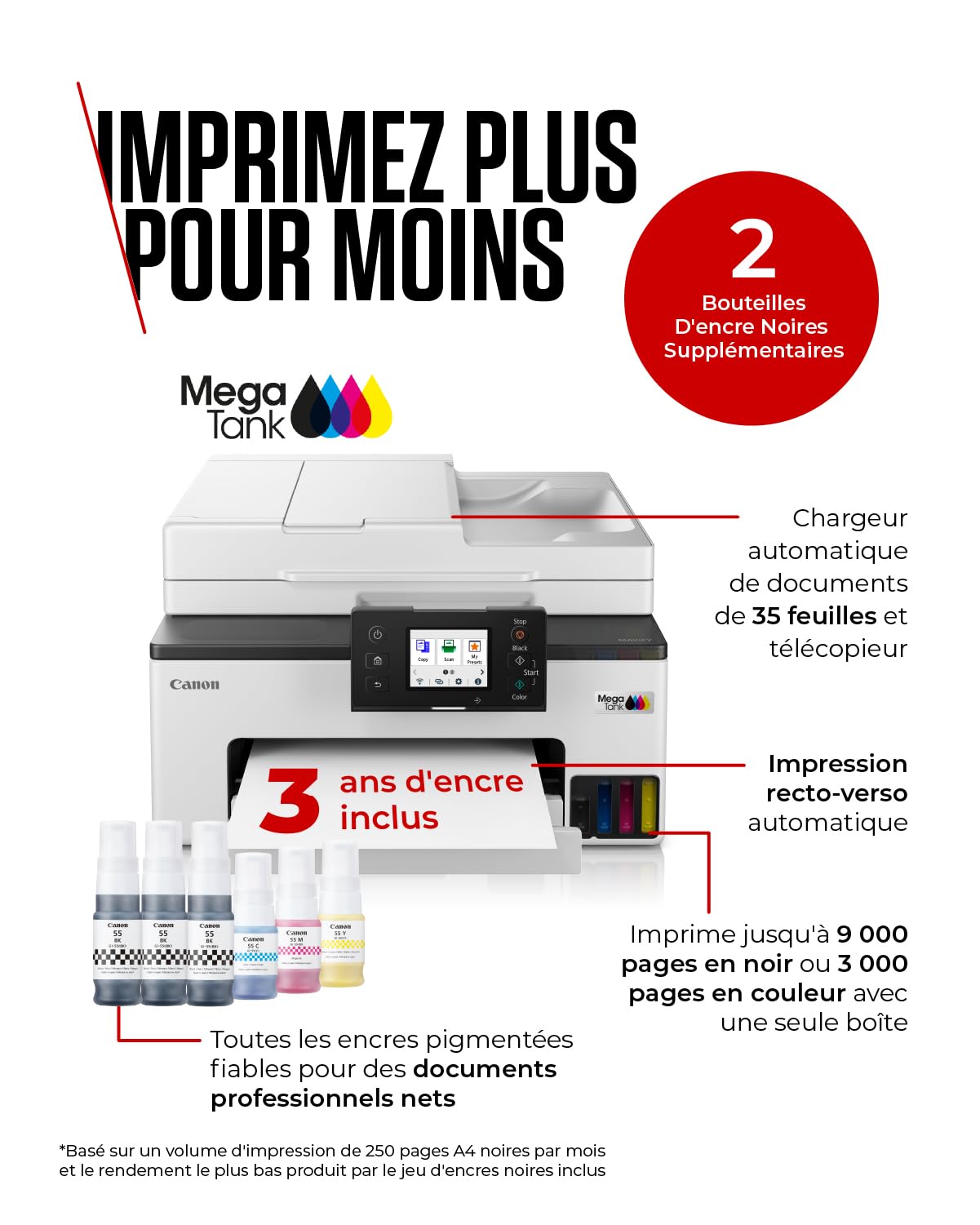 CANON MAXIFY GX2050 MFP colour inkjet refillable A4 15ipm Print 250sheets USB Wi-Fi LAN +1 ink set +2extra black bottles