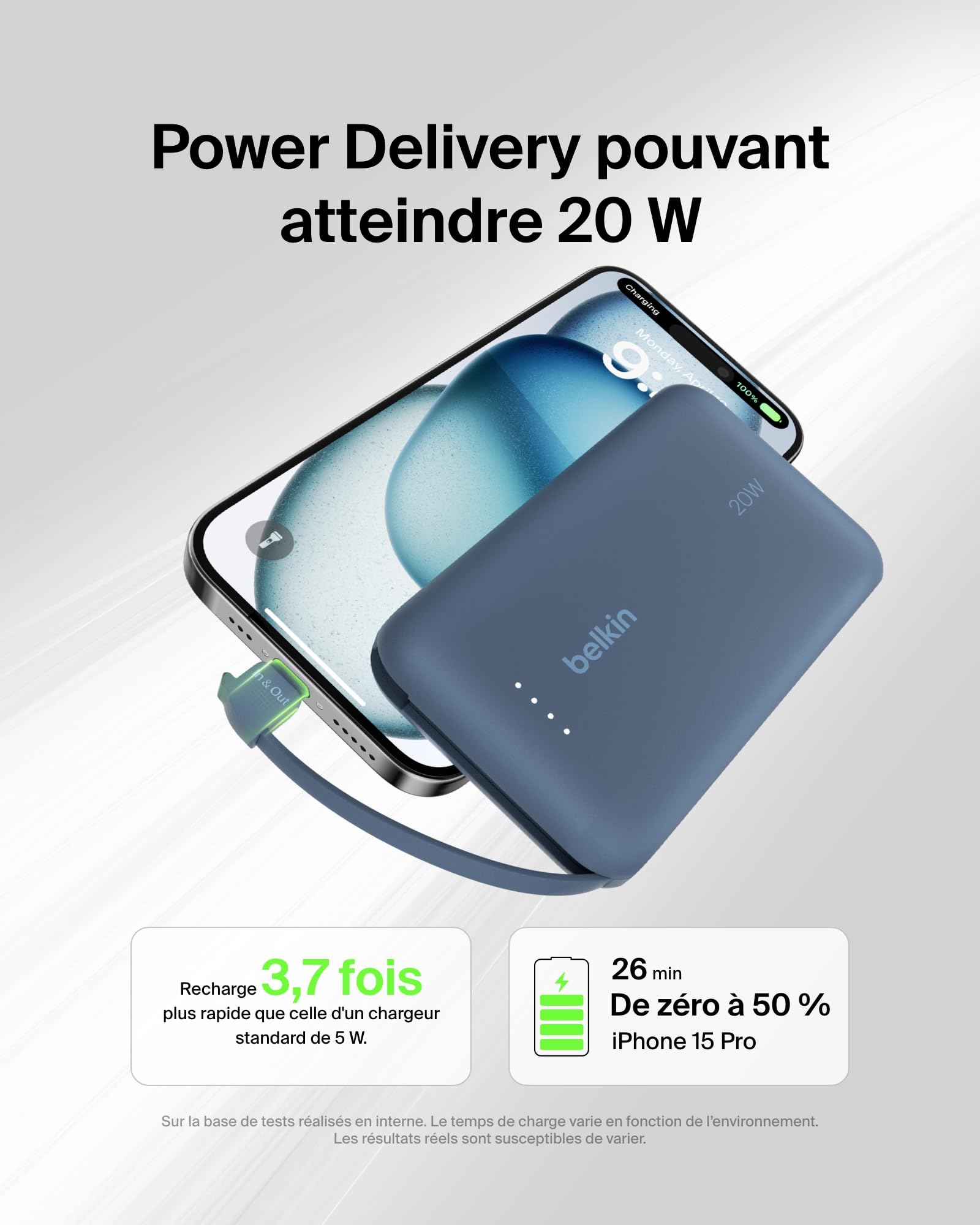BELKIN 10k PD20w Integrated USB-C Cable Power Bank Blue