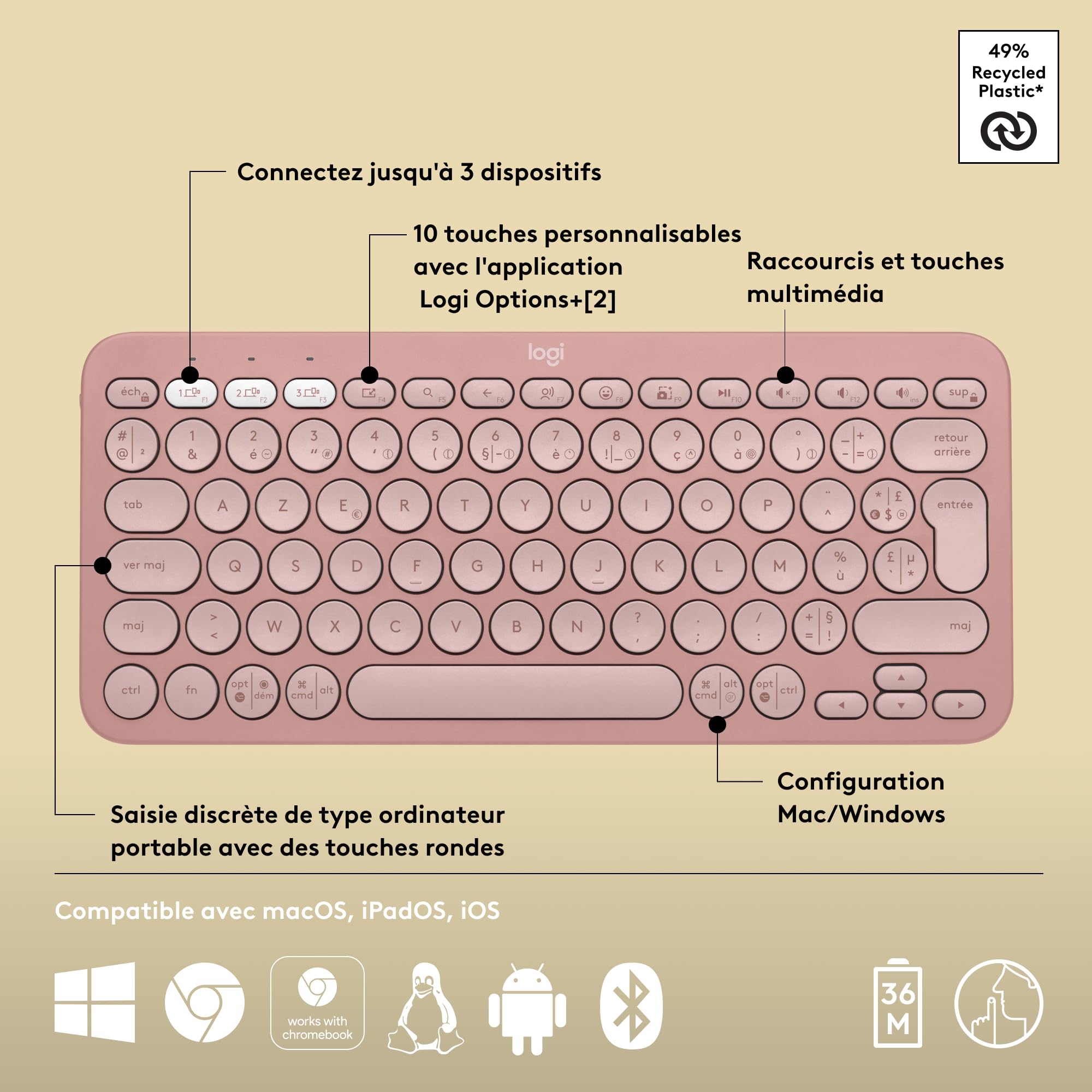 LOGITECH Pebble Keys 2 K380s - TONAL ROSE - (FRA) - BT - N/A - CENTRAL-419 - UNIVERSAL