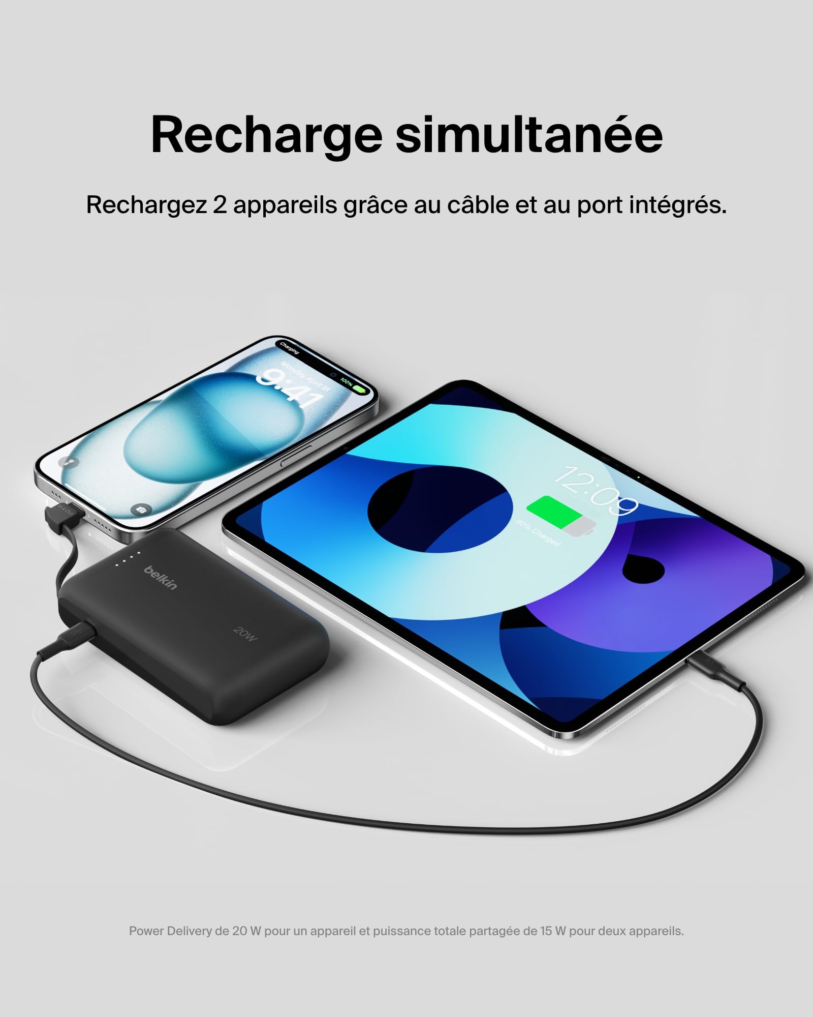 BELKIN 10k PD20w Integrated USB-C Cable Power Bank Black
