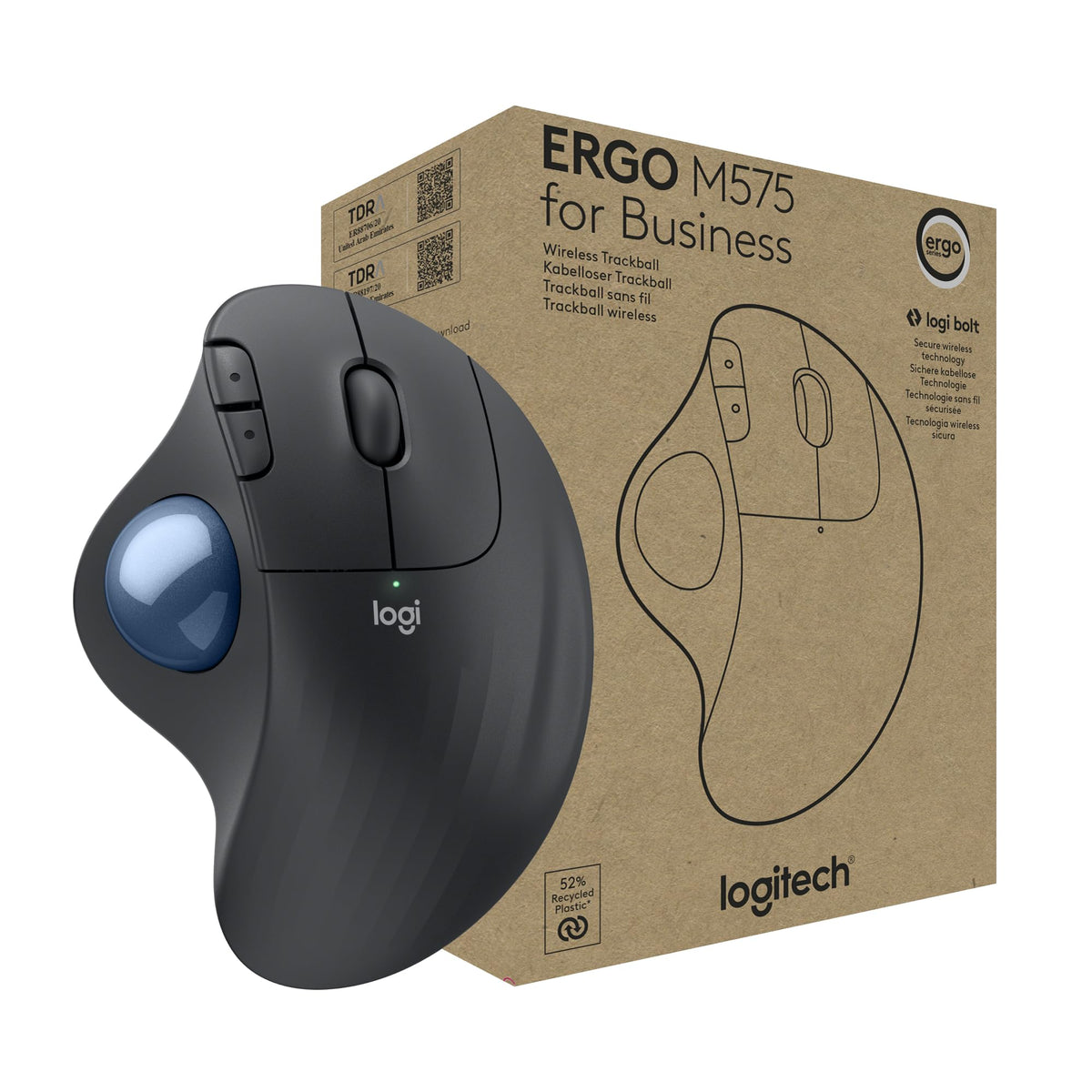 LOGITECH ERGO M575 for Business Trackball right-handed optical 5 buttons wireless Bluetooth Bolt USB receiver graphite
