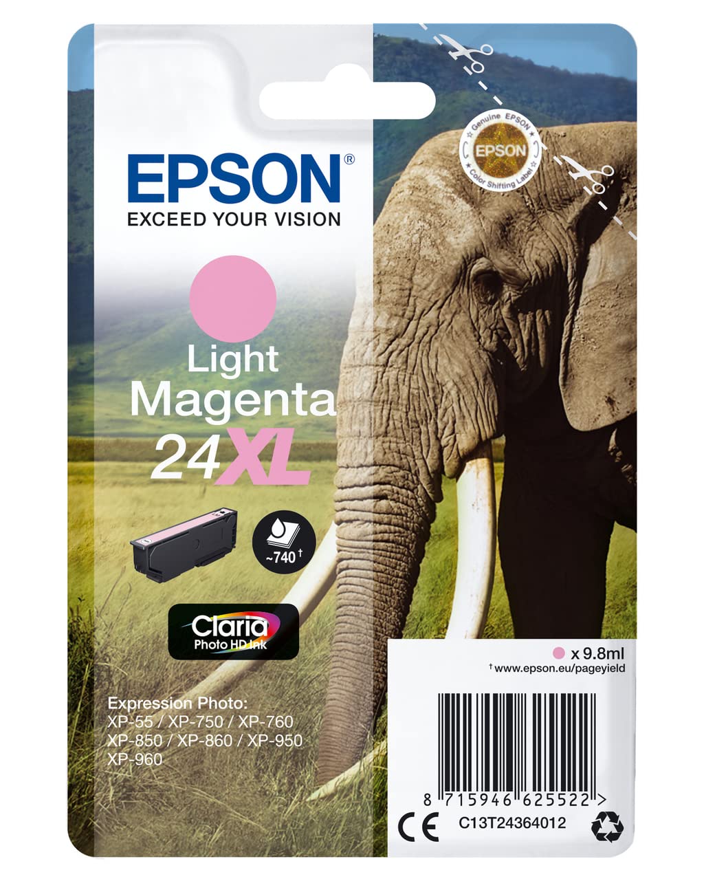 EPSON 1LB 24XL ink cartridge light magenta high capacity 9.8ml 740 pages 1-pack RF-AM blister w/s