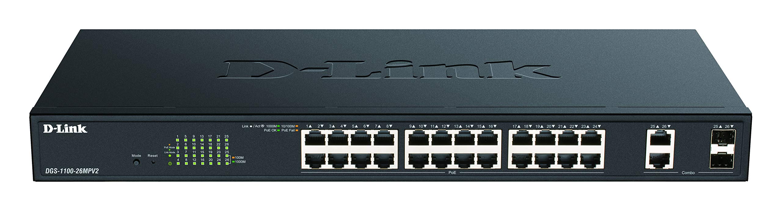 D-LINK 26-Port Layer2 PoE+ Gigabit Smart Managed Switch 24x 10/100/1000Mbps TP RJ-45 PoE Port 802.3at Power-over-Ethernet