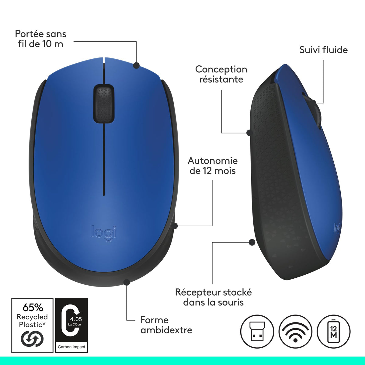 LOGITECH M171 Mouse right and left-handed wireless 2.4 GHz USB wireless receiver black blue