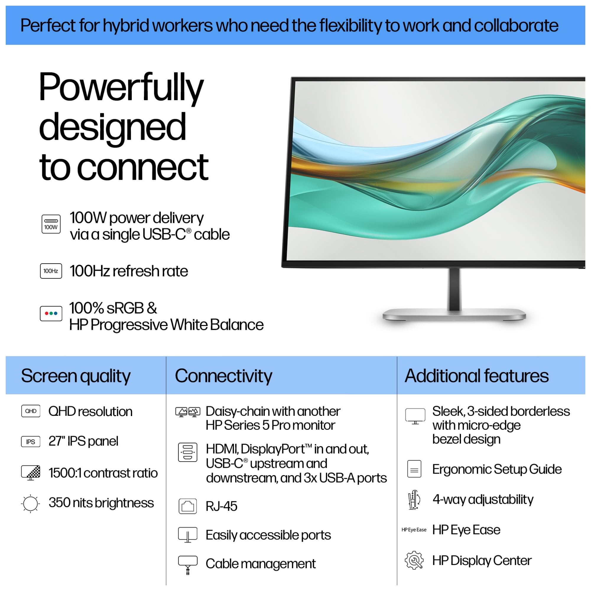 HP Écran Series 5 Pro LED - 527pu QHD 27p 2560 x 1440 HDMI DP USB-C 3/3/0