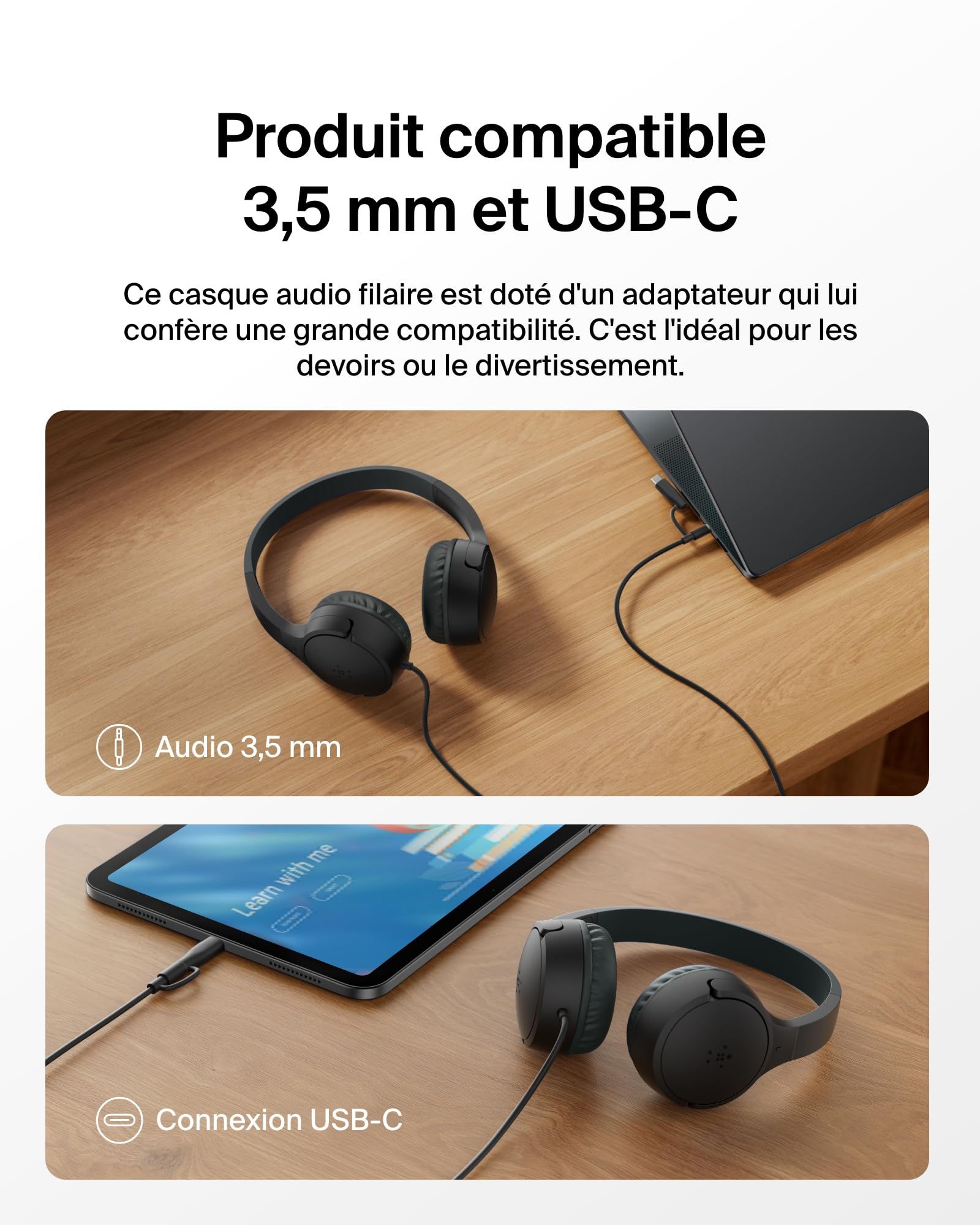 BELKIN SoundForm Mini Wired On-Ear Headphones USB-C & 3.5mm Black