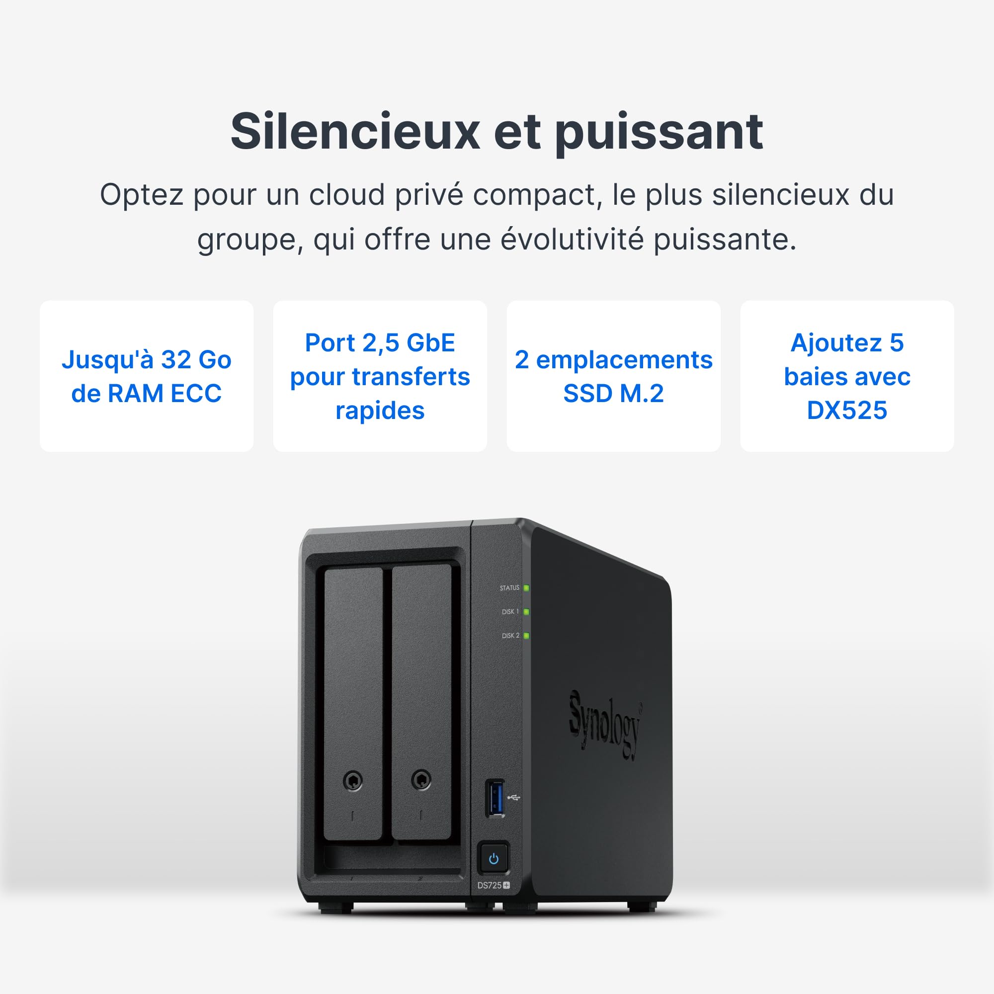 SYNOLOGY DS1525+ Desktop 5-BAY AMD Ryzen Embedded R1600 DUAL CORE 8Go RAM up to 32Go
