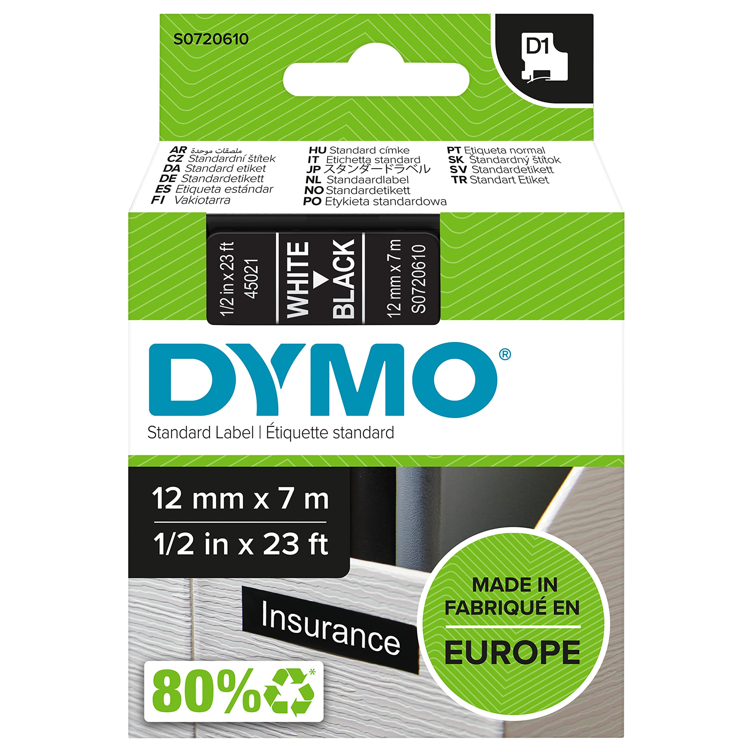 DYMO D1 Ruban d étiquette, 12 mm x 7 m, blanc/noir