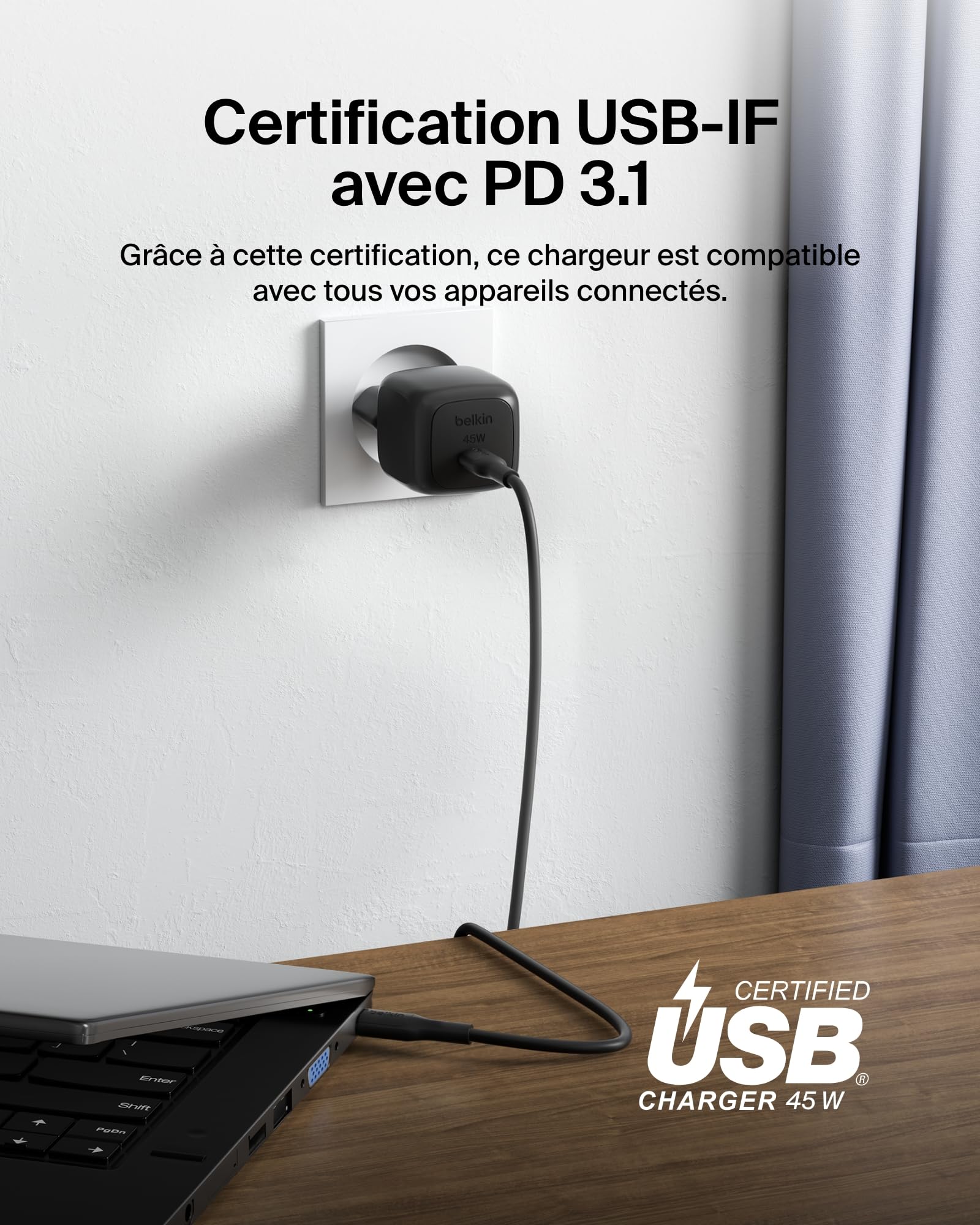 BELKIN 45W USB PD Wall Charger with PPS BLK w/ 1m 3aMP PVC C-C Cable