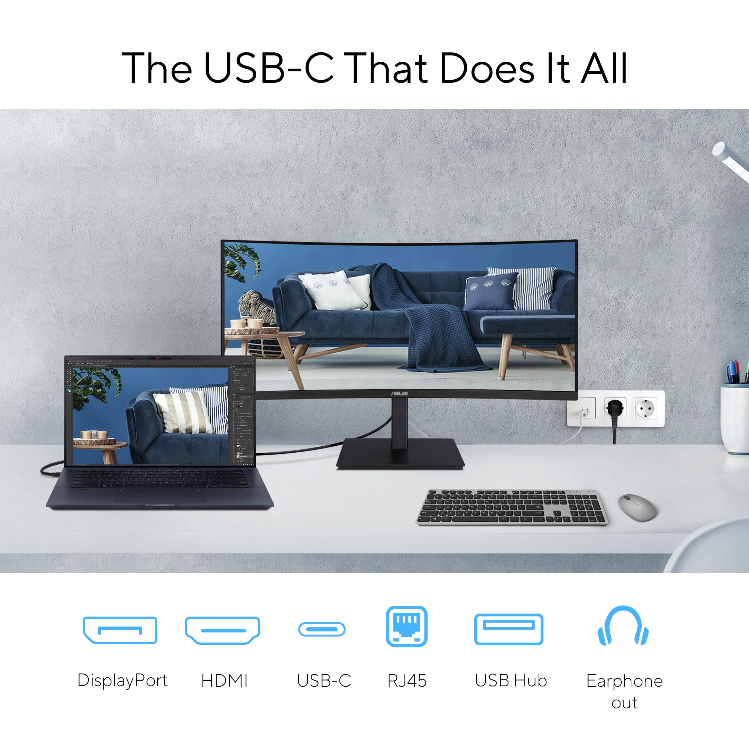 ASUS VA34VCPSR 34p VA WLED Curved 1500R UWQHD 21:9 100Hz 300cd/m2 4ms HDMI DP USB-C USB hub 3xUSB 3.2 G1 Type-A RJ45 Black
