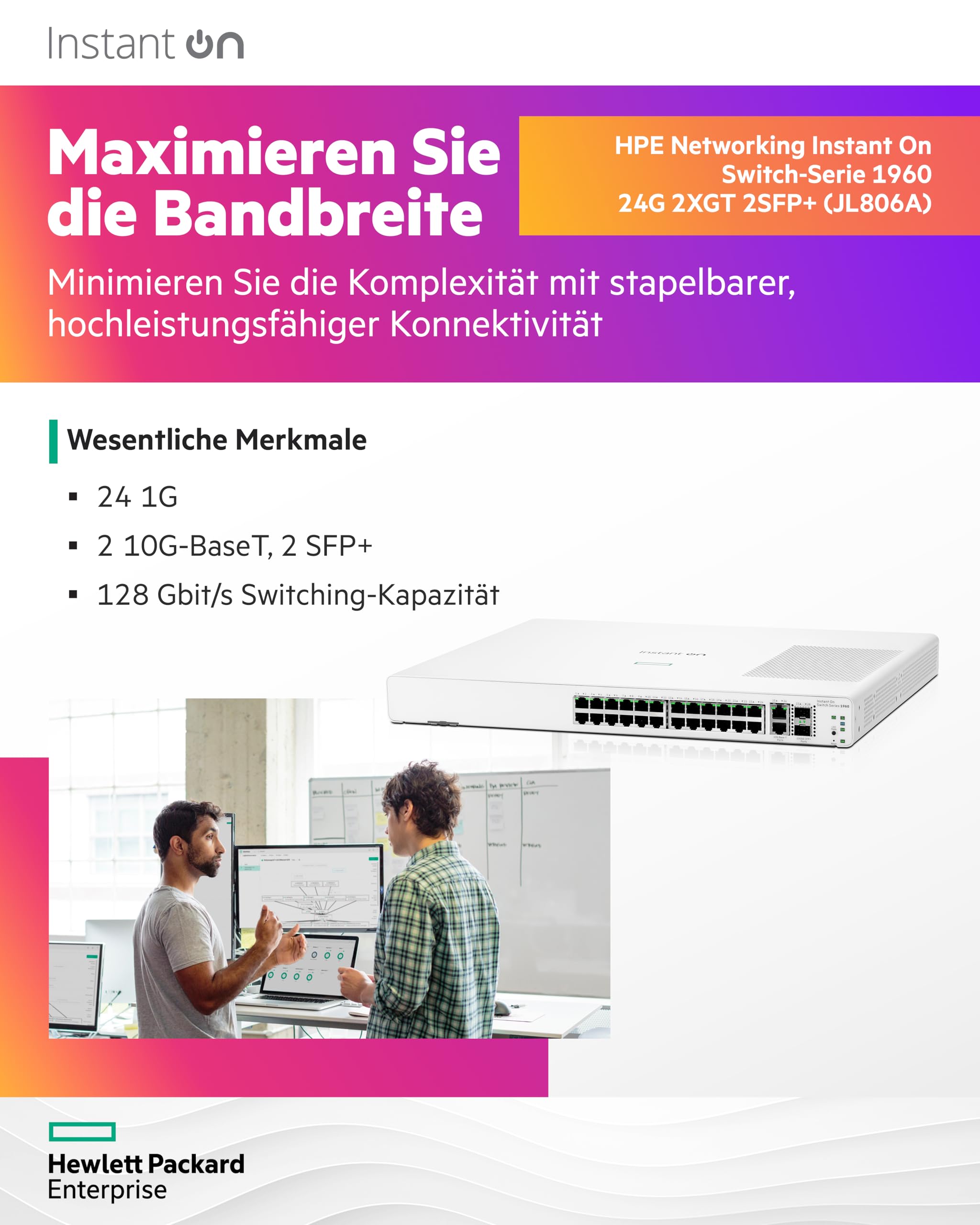 HPE Networking Instant On 1960 24G 2XGT 2SFP+ Switch Commutateur Géré 24 x 10/100/1000 + 2 x10 Gigabit SFP+ + 2 x 100/1000/10GBase T