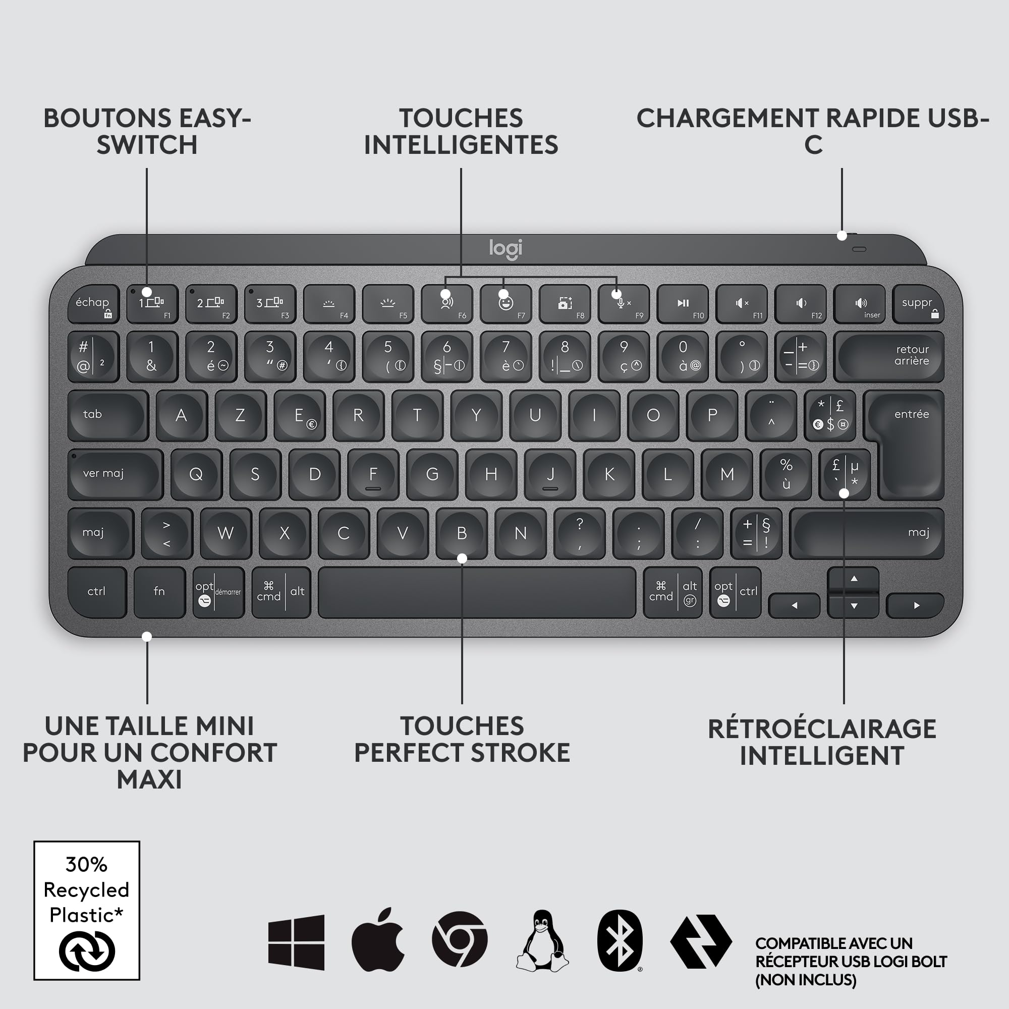 LOGITECH MX Keys Mini Minimalist Wireless Illuminated Keyboard - GRAPHITE - CENTRAL (FR)