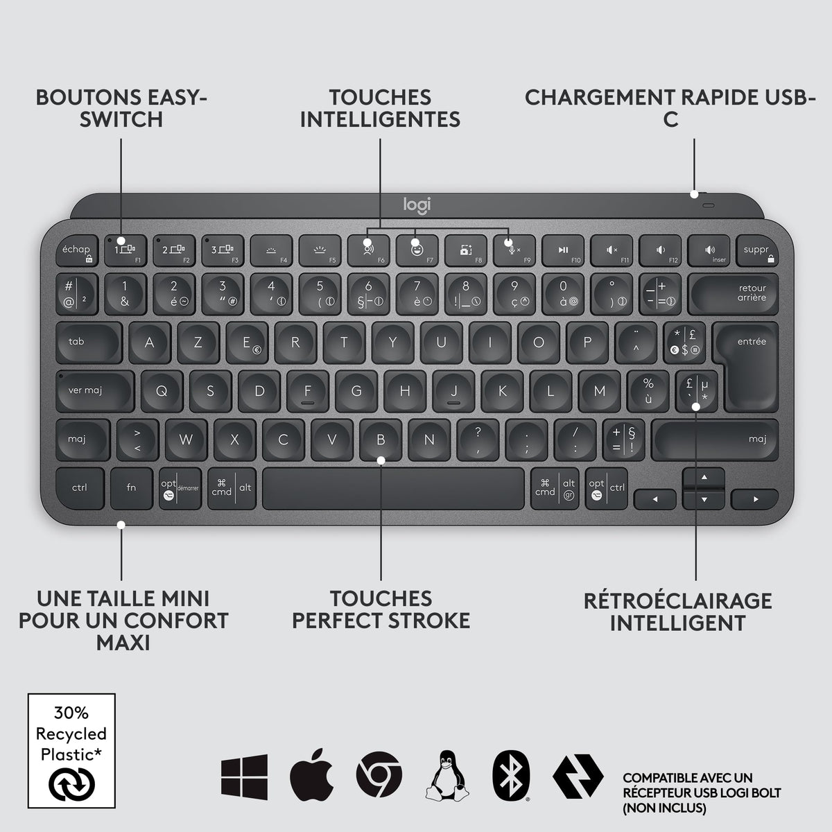 LOGITECH MX Keys Mini Minimalist Wireless Illuminated Keyboard - GRAPHITE - CENTRAL (FR)